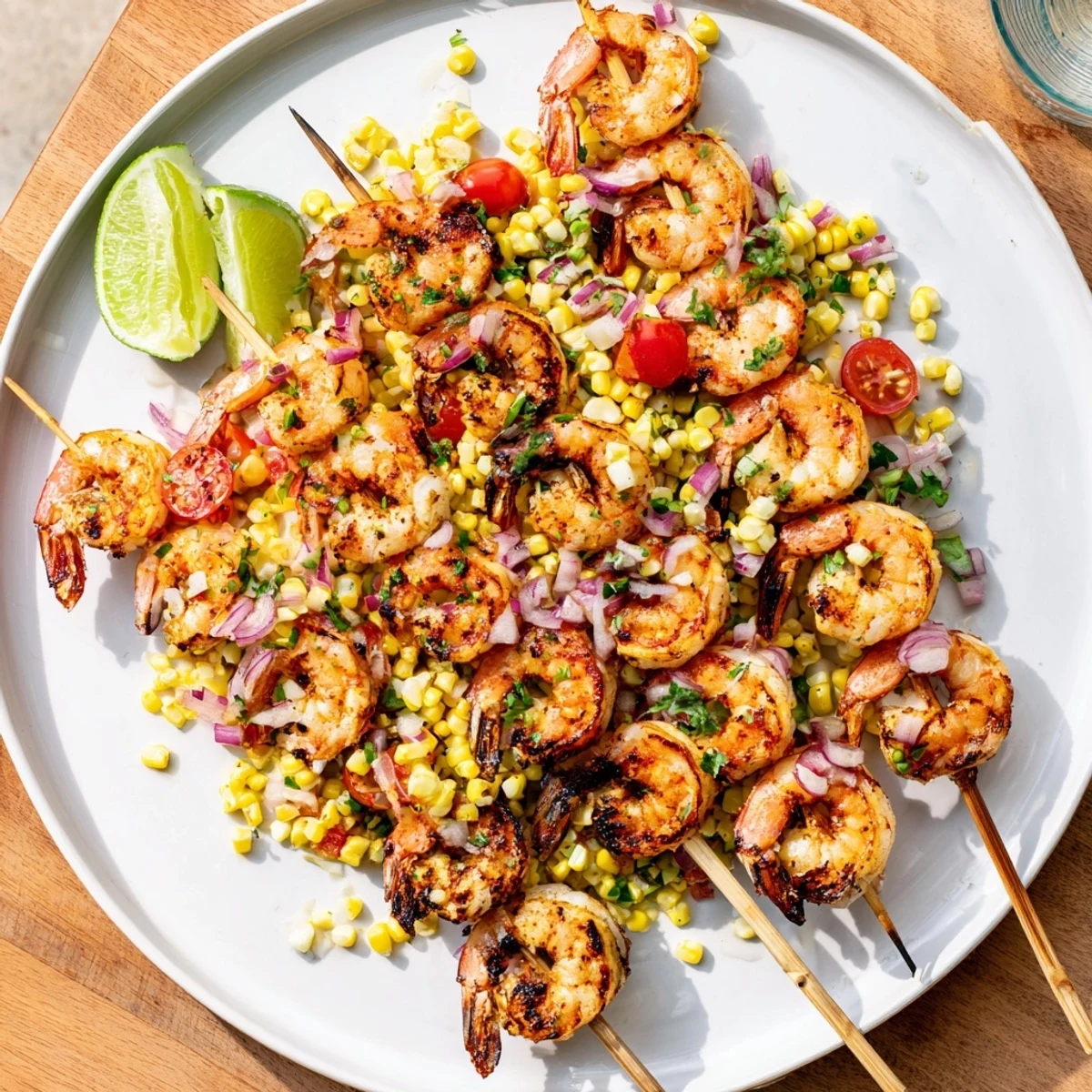 Skewered grilled shrimp with paprika and cumin served alongside vibrant crunchy corn and jalapeño relish