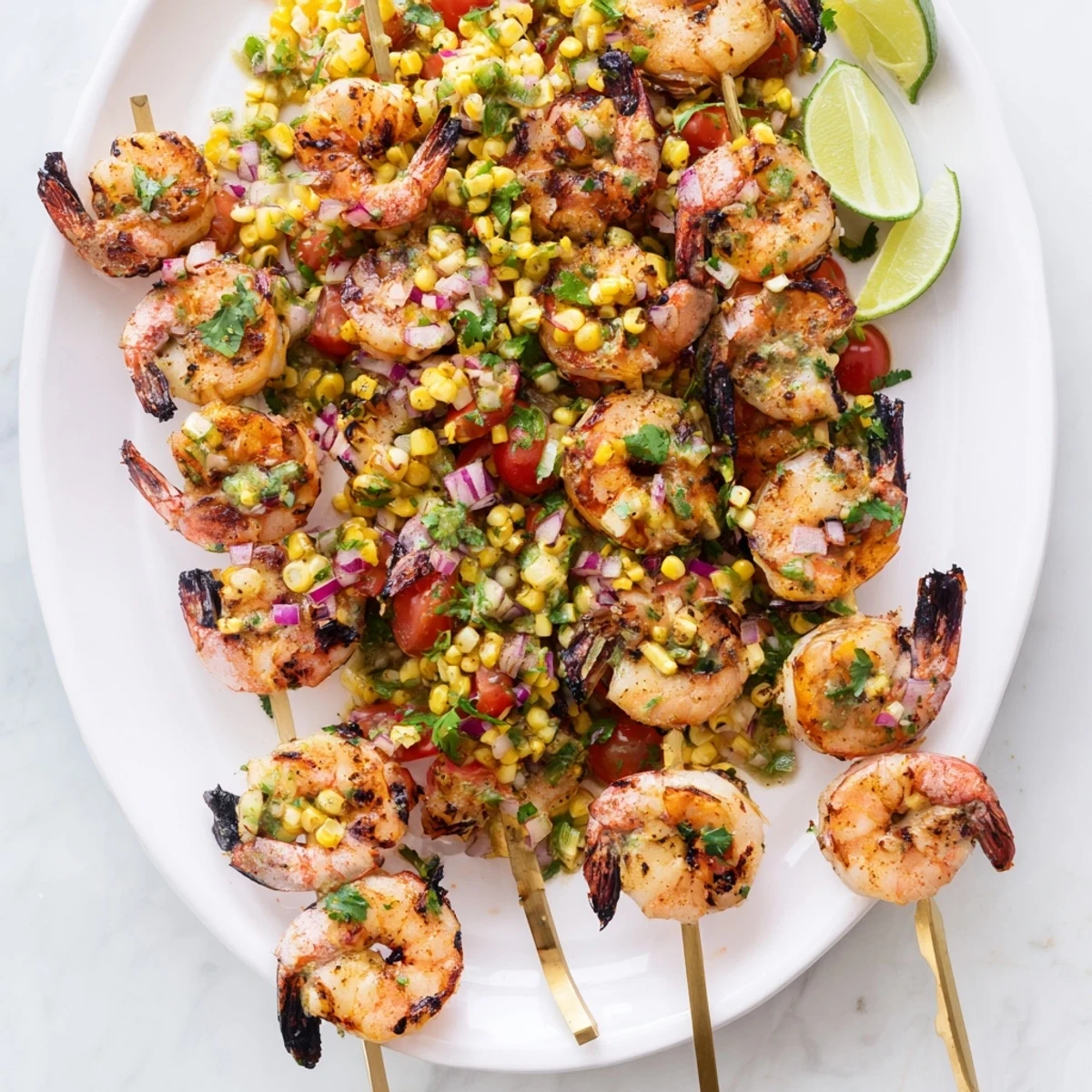 Golden charred shrimp seasoned with smoky spices topped over fresh corn salsa with diced tomatoes