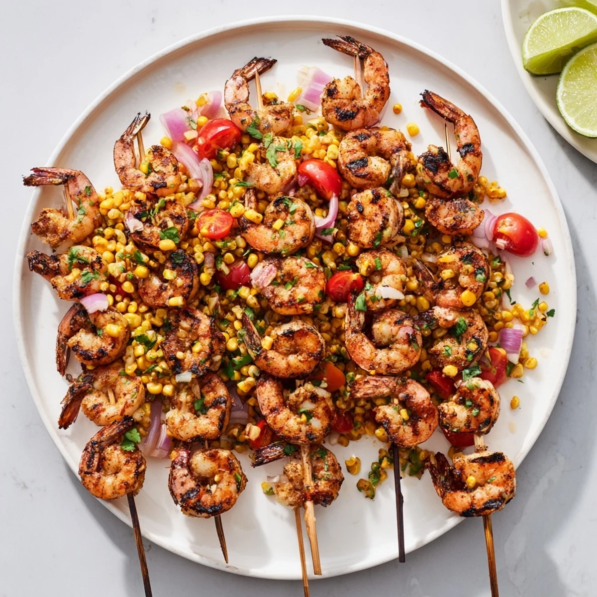 Plate of smoky charred shrimp arranged on colorful corn salsa with cilantro and lime wedges