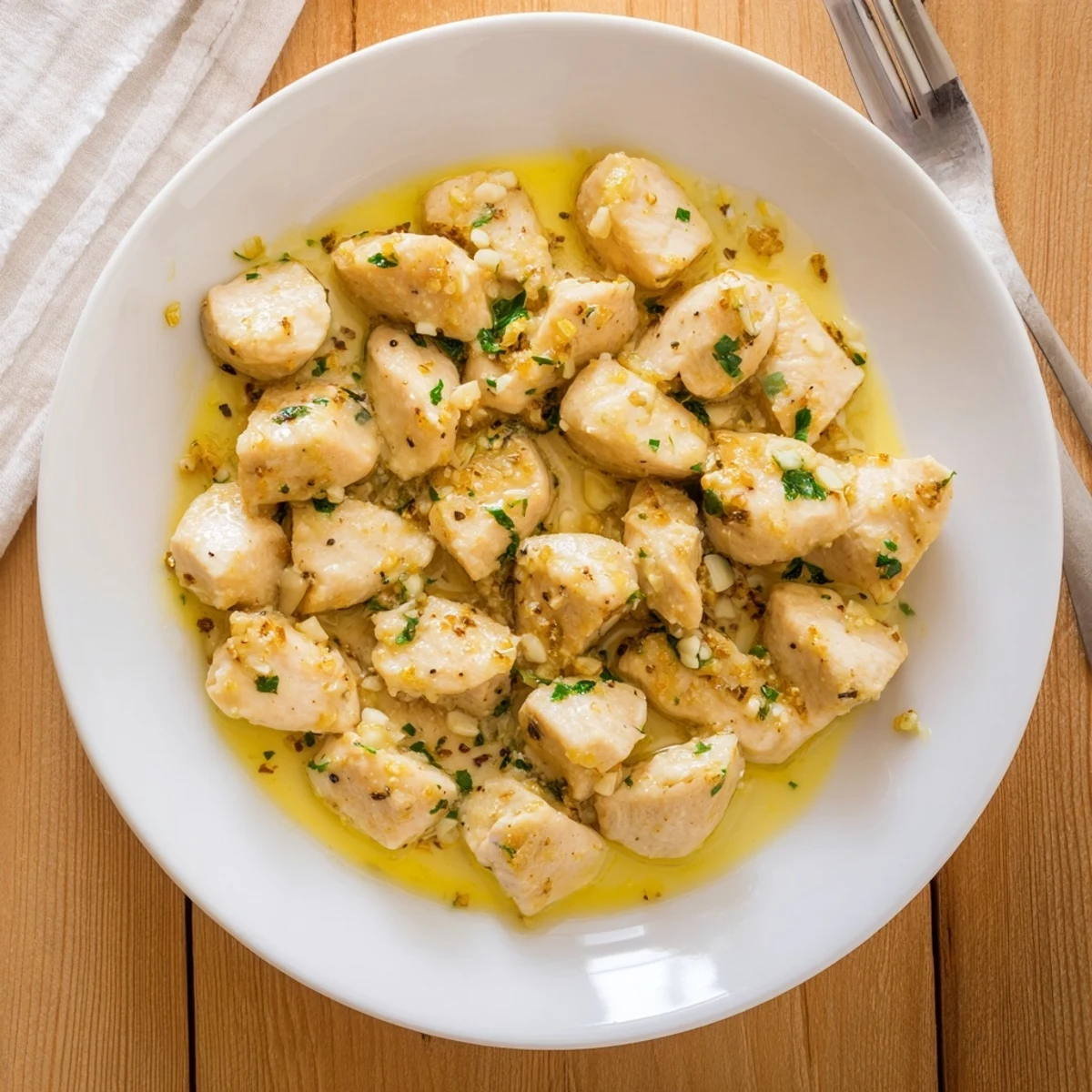 Savory tender chicken pieces sizzling in melted garlic butter sauce with herbs sprinkled on top