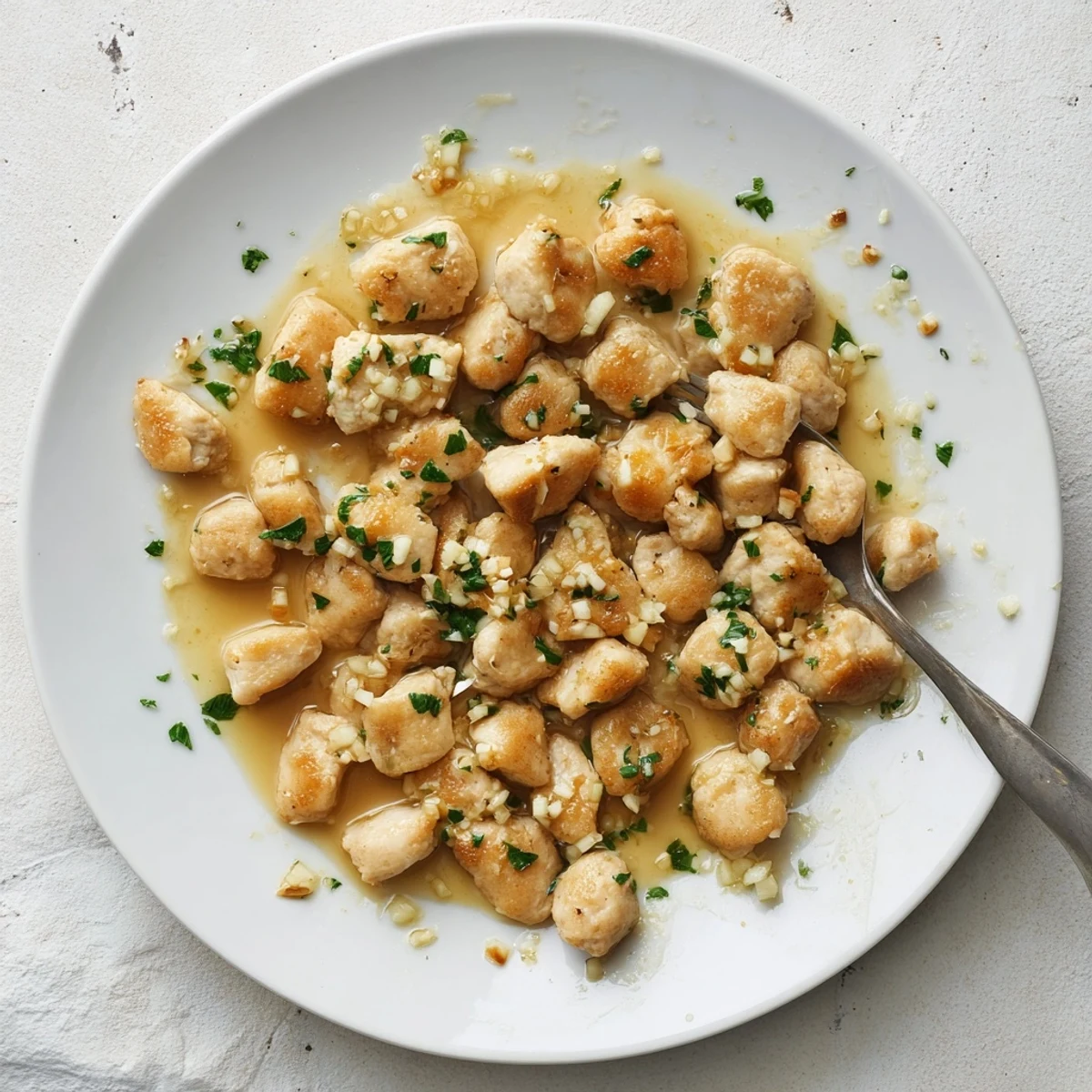 Golden pan-fried garlic butter chicken bites garnished with fresh parsley on a white plate