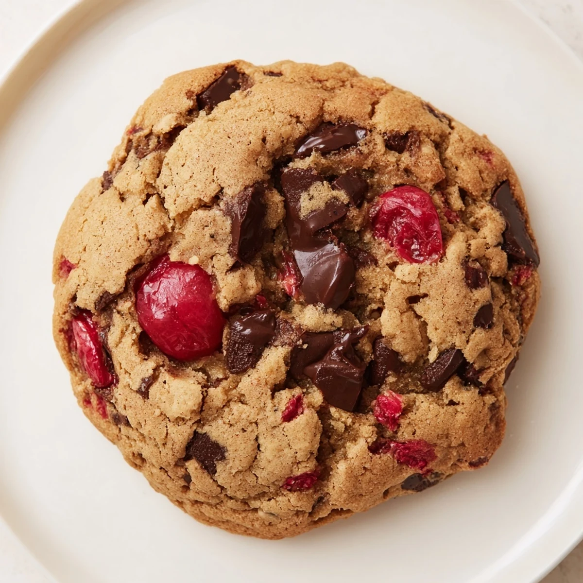 Stack of homemade Maraschino Cherry Chocolate Chip Cookies with visible cherry chunks and chocolate chips on a white plate