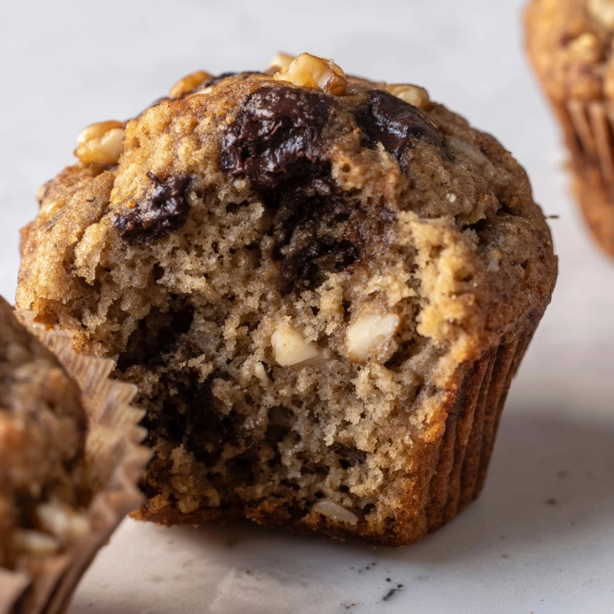 Golden brown healthy banana nut muffins topped with chopped walnuts on a wire cooling rack