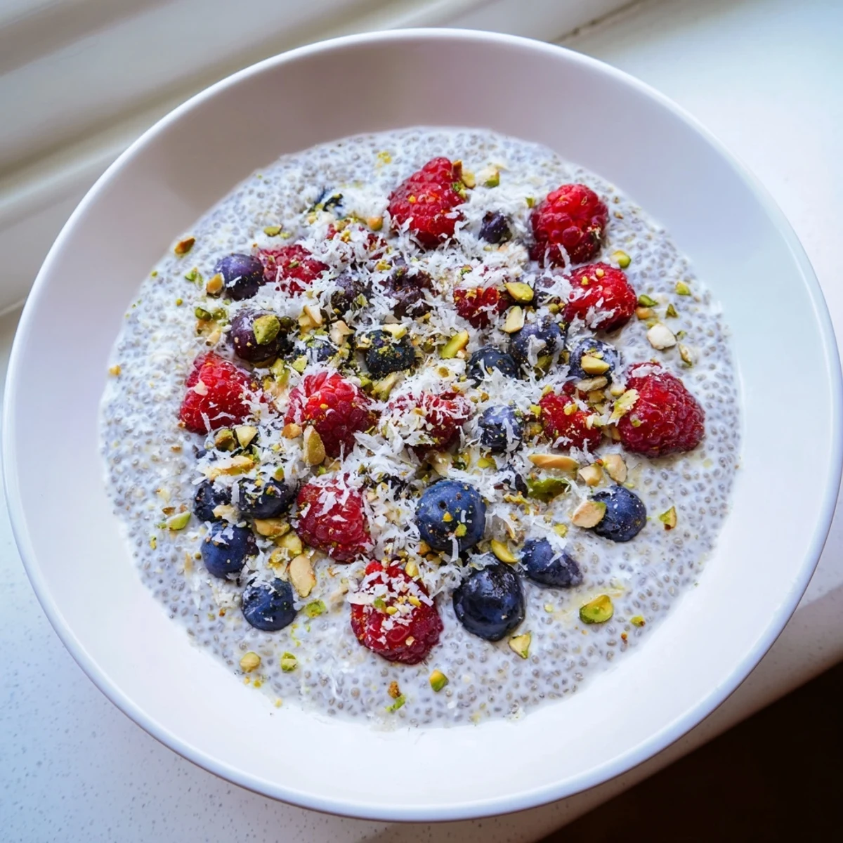 Creamy chia pudding recipe layered with fresh mixed berries and shredded coconut topping in glass jars
