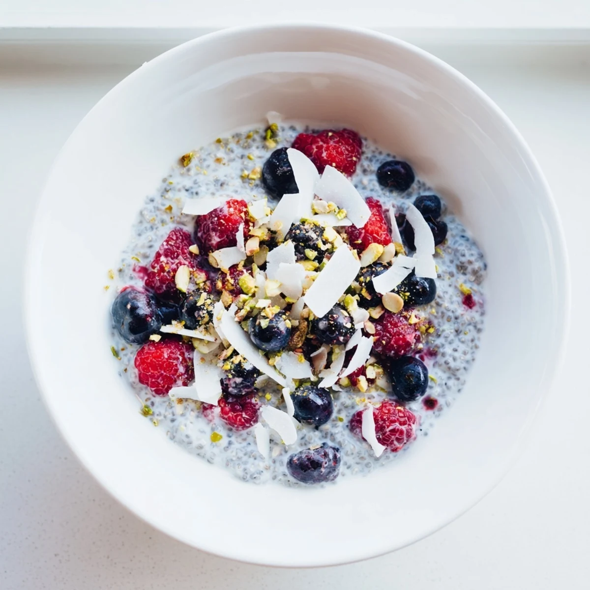 Simple chia pudding dessert garnished with dark chocolate shavings and ripe strawberries for an elegant vegan treat