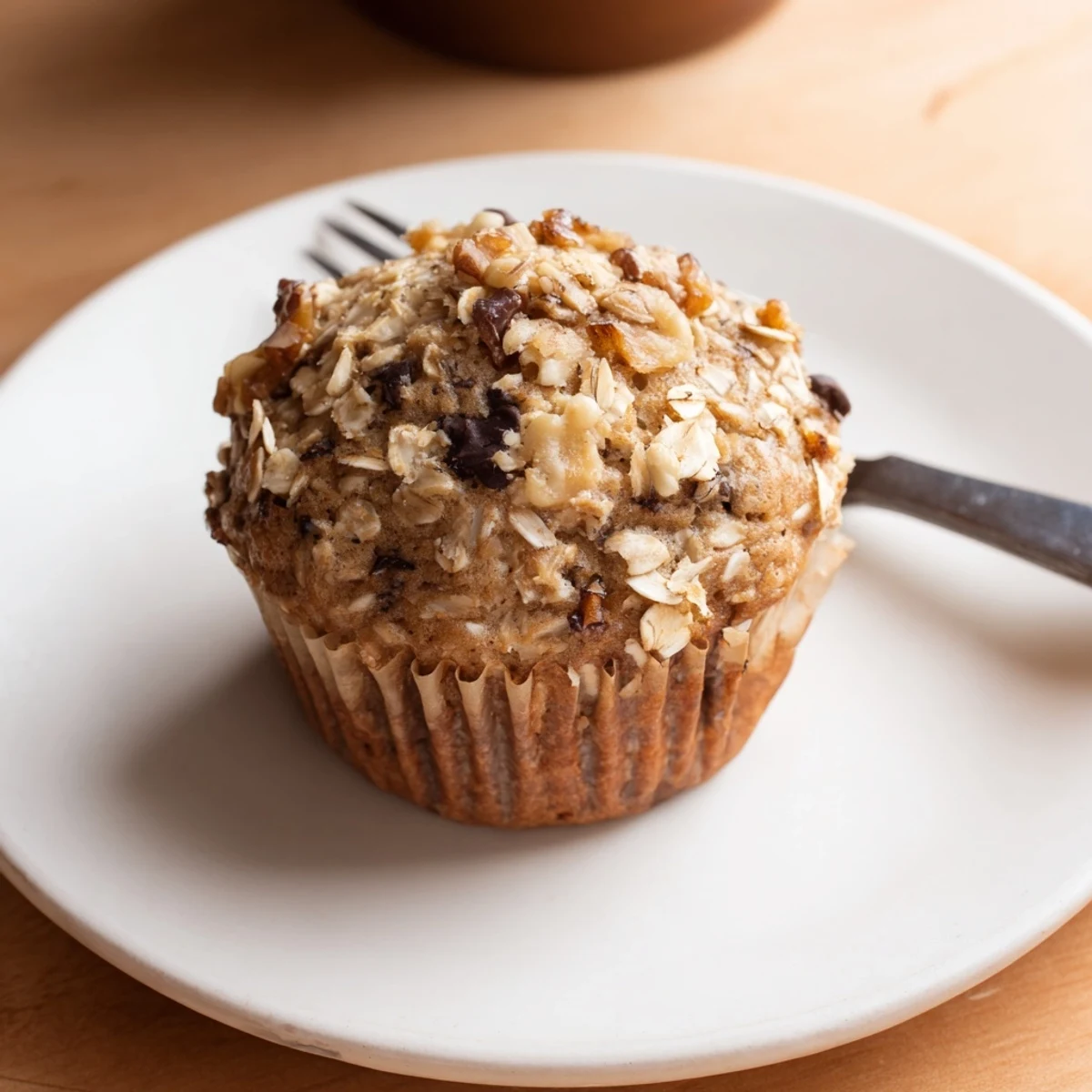 Golden banana oatmeal muffins topped with oats on a wire cooling rack