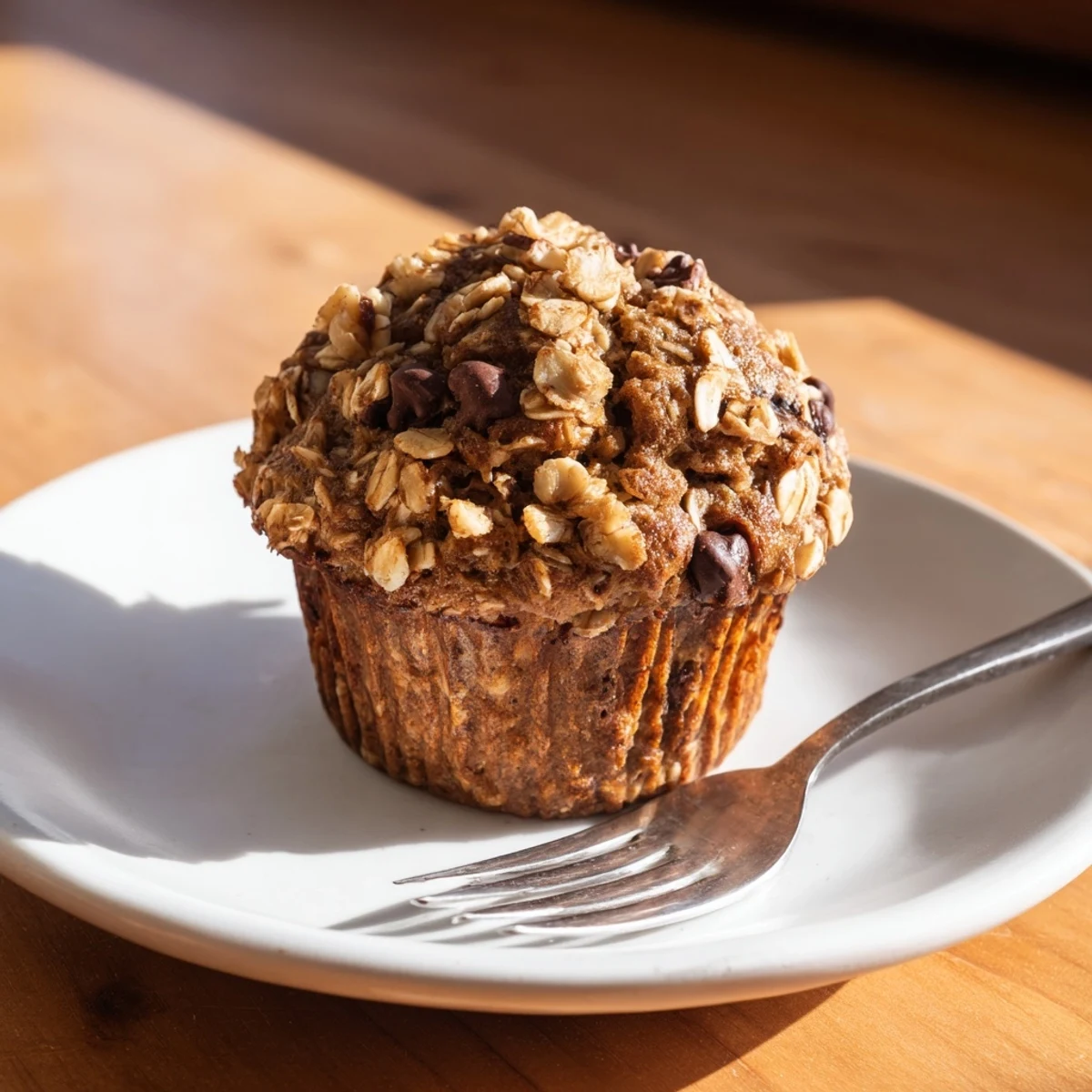 Moist banana oatmeal muffins in a paper liner, lightly dusted with cinnamon