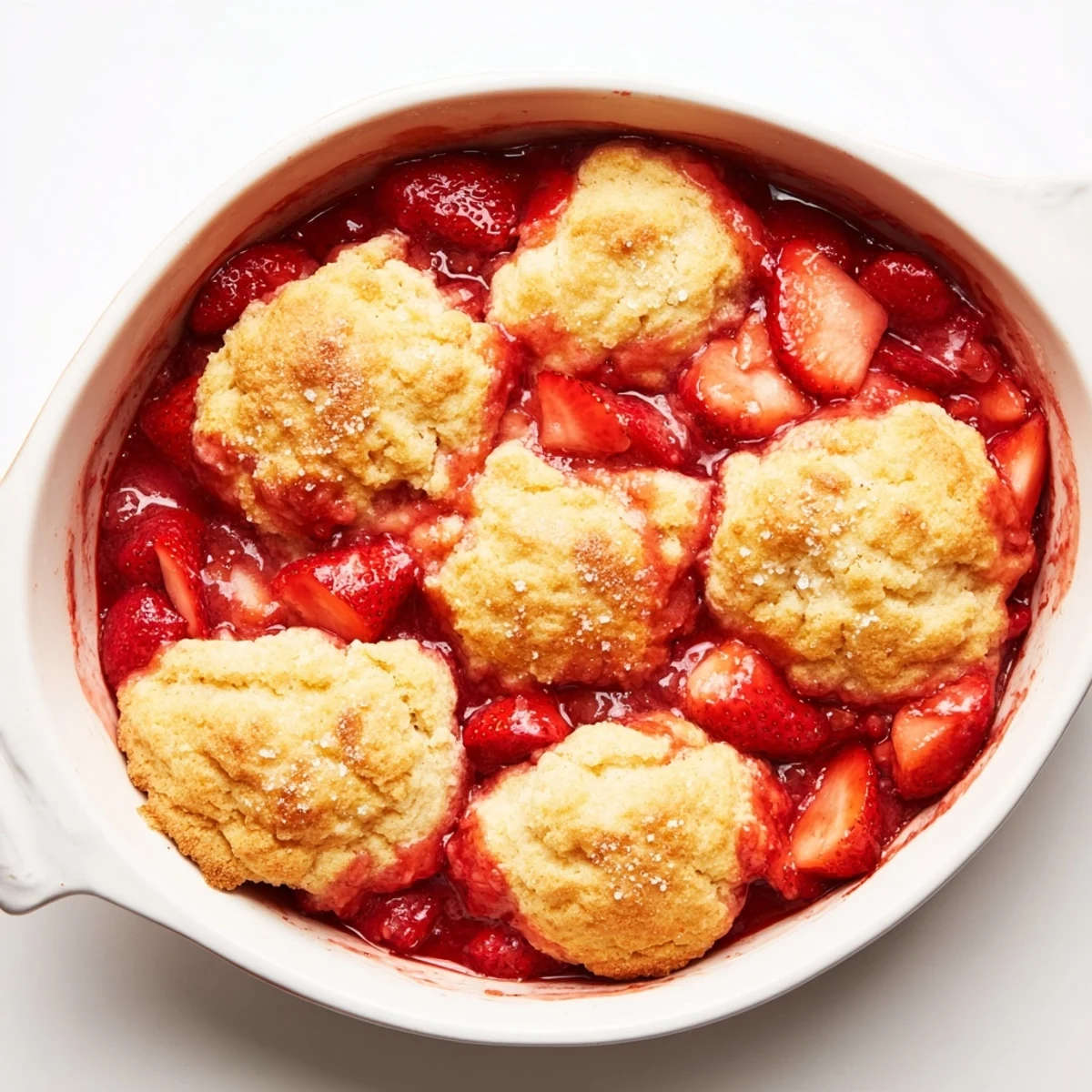 Baked fresh strawberry cobbler showing juicy berries under golden brown crust layers