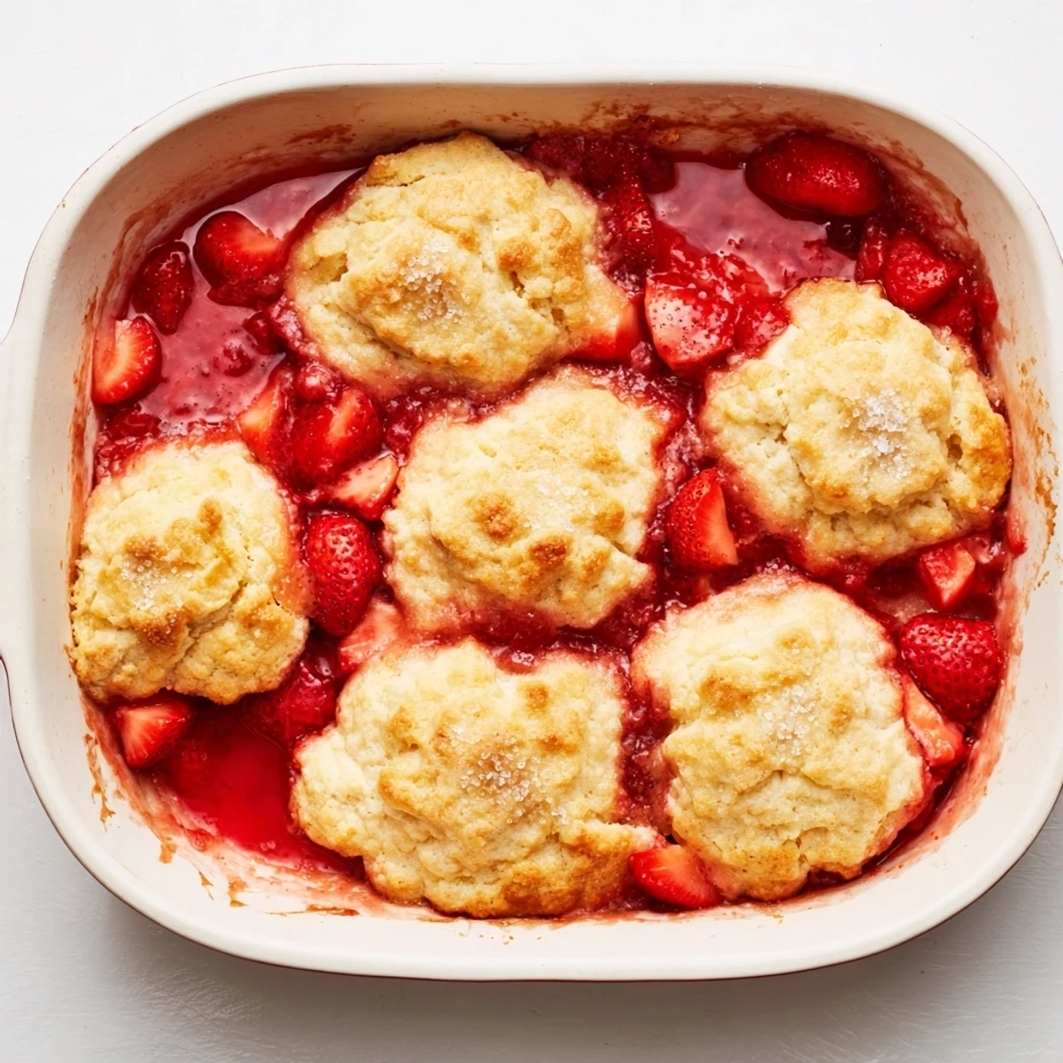 Golden fresh strawberry cobbler with bubbling red fruit and tender biscuit topping