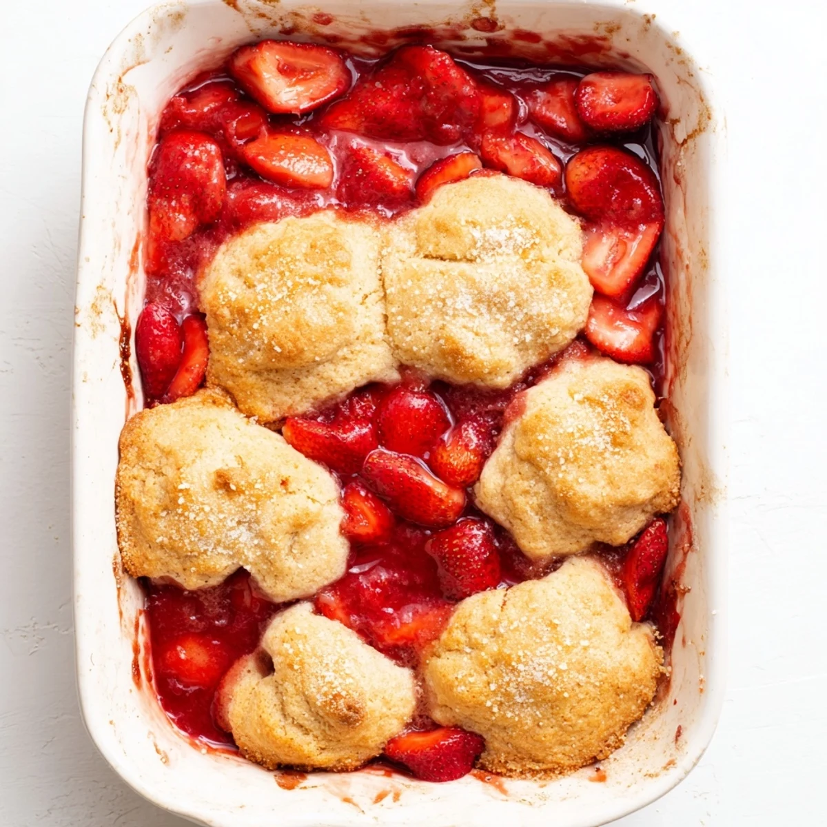 Warm fresh strawberry cobbler recipe served with vanilla ice cream for summer dessert