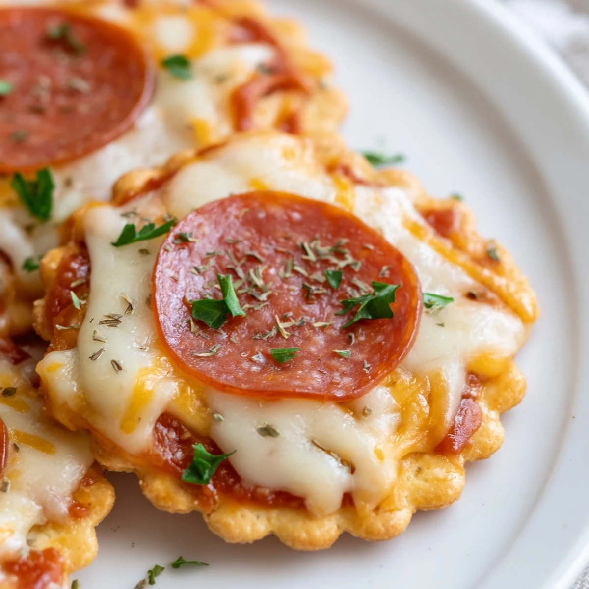 Golden crispy beef pepperoni pizza crackers topped with melted mozzarella and fresh Italian herbs
