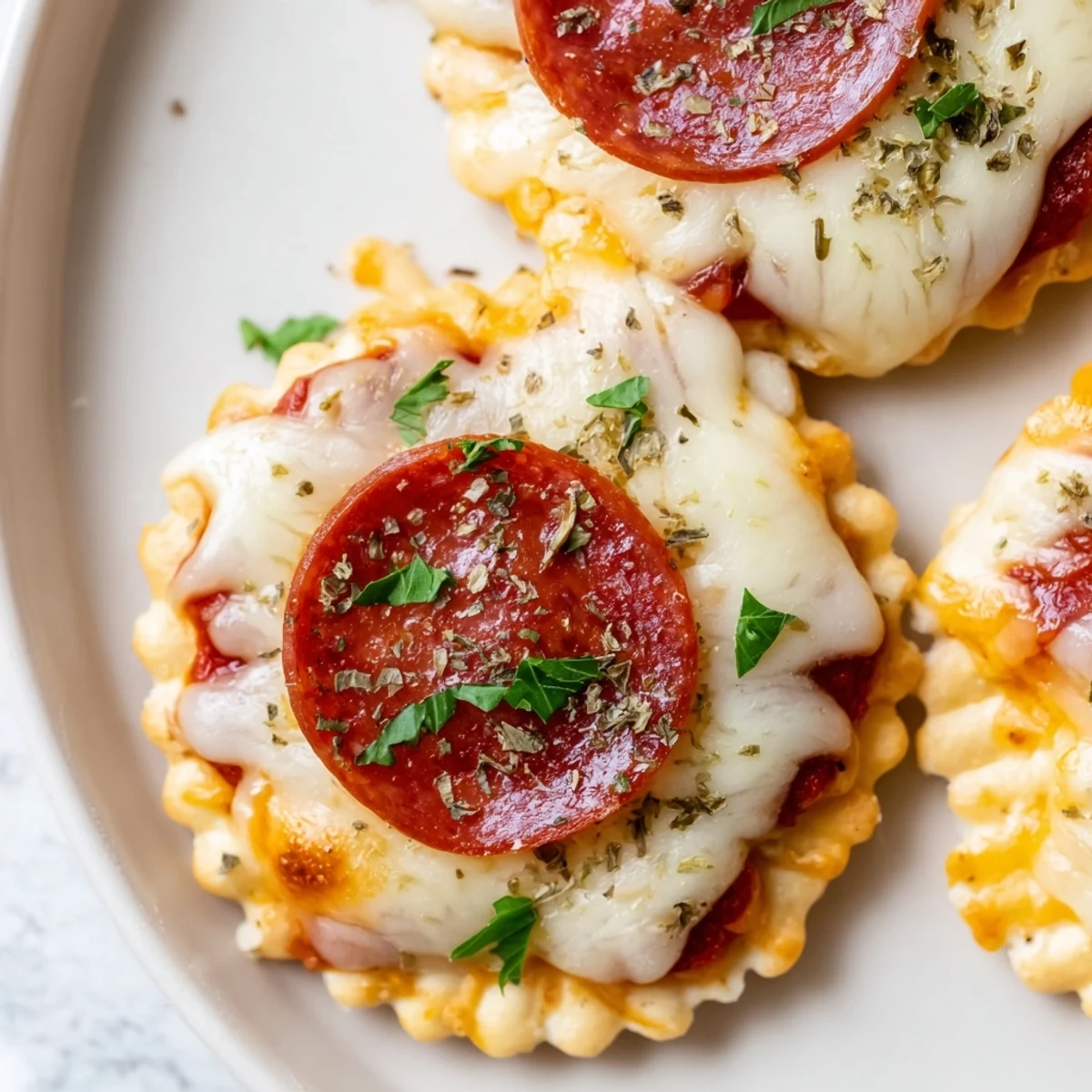 Baked beef pepperoni pizza crackers featuring bubbling cheese and savory pepperoni on crunchy cracker bases
