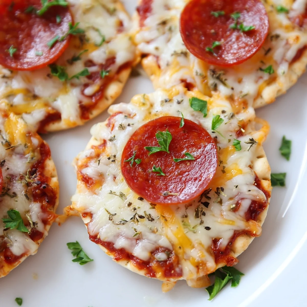 Delicious beef pepperoni pizza crackers arranged on baking sheet with pizza sauce and gooey cheese topping
