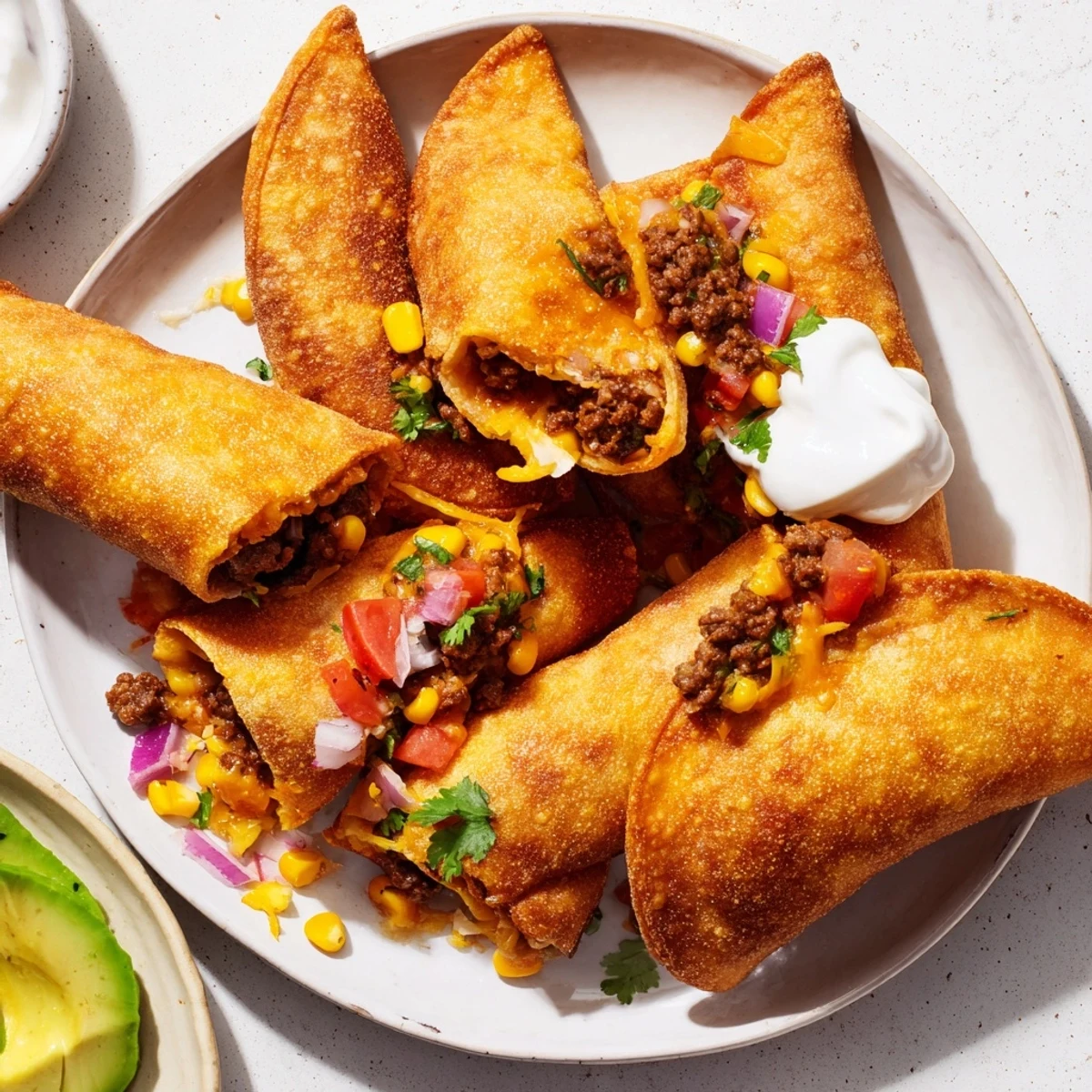 Golden crispy Mexican taco pockets with seasoned beef and melted cheese oozing from fried flour tortillas