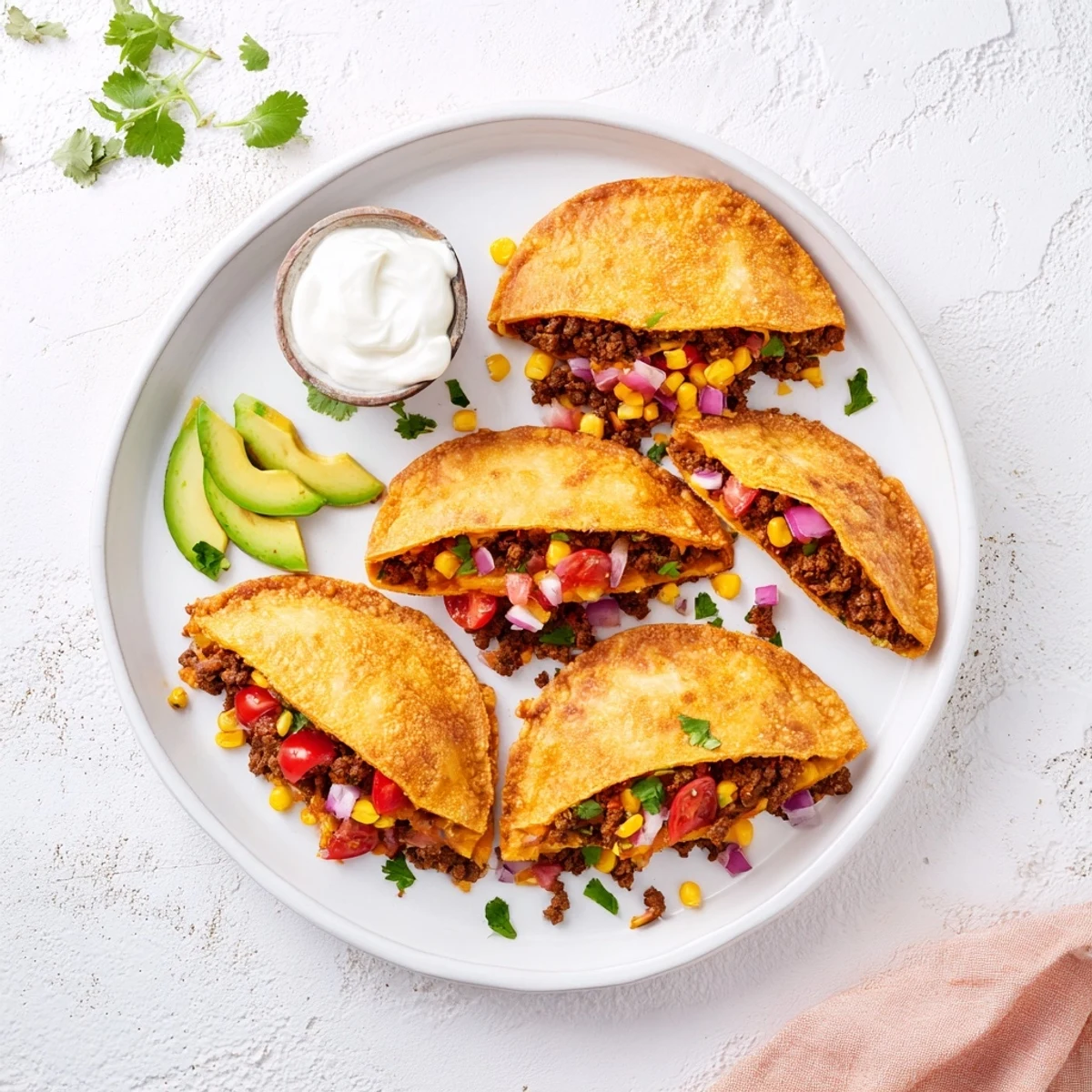 Plate of golden fried Mexican taco pockets showcasing crispy texture with spiced beef and cheddar cheese filling