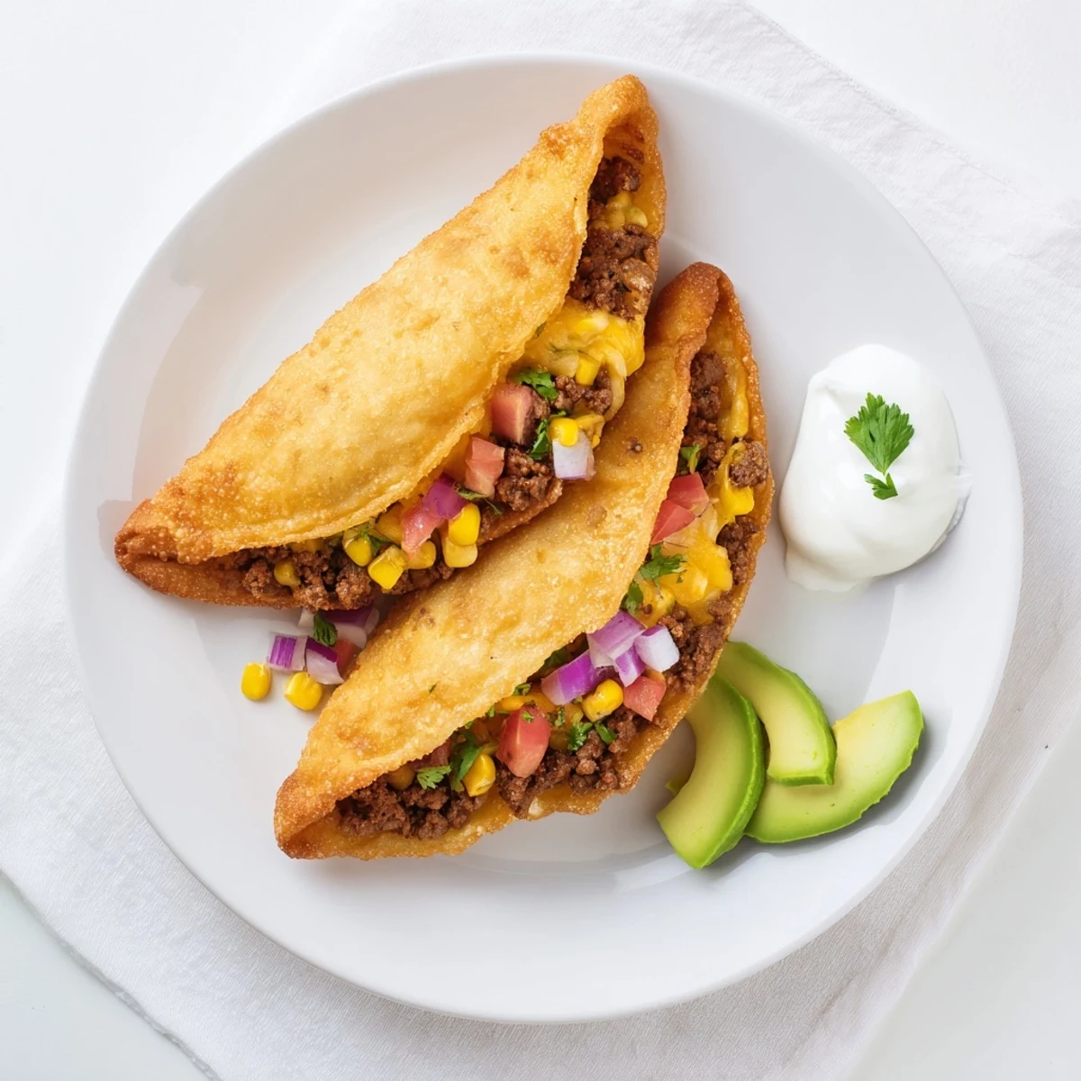 Homemade spicy crispy Mexican taco pockets filled with savory ground beef and fresh vegetables ready for serving