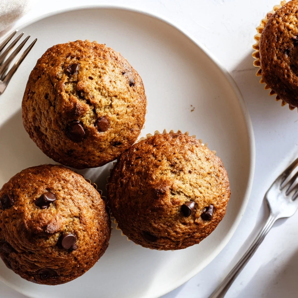 Freshly baked banana espresso chocolate chip muffins with golden tops and melty chocolate chunks visible throughout