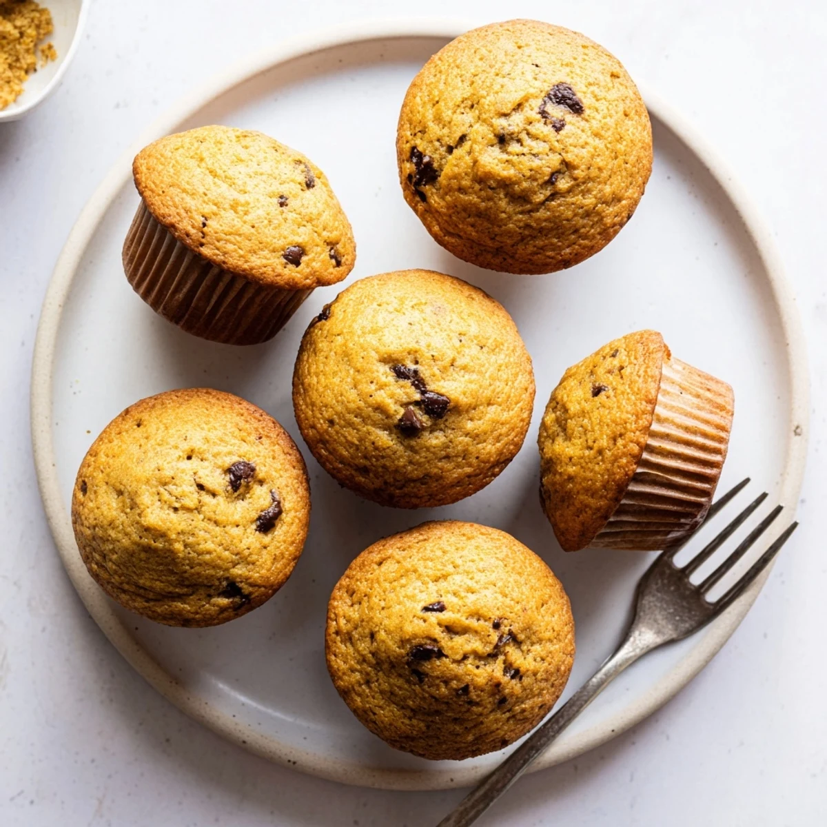 Close-up of crumbly banana espresso chocolate chip muffins bursting with chocolate chips and aromatic coffee undertones