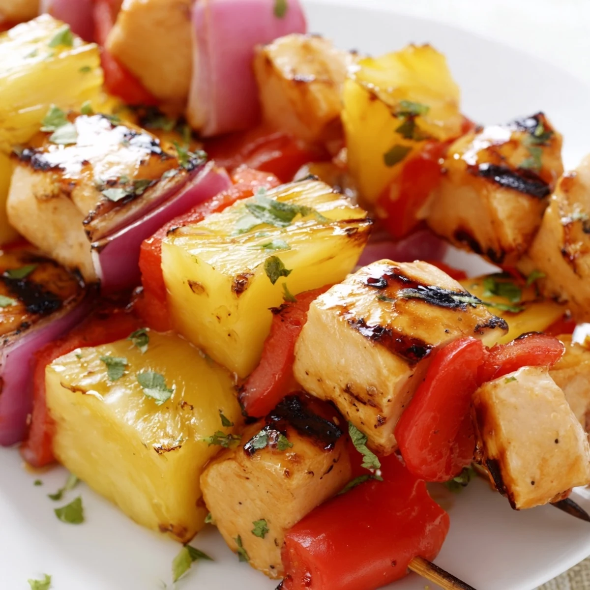 Grilled Pineapple Chicken Kabobs glistening with charred edges, juicy chicken and sweet pineapple