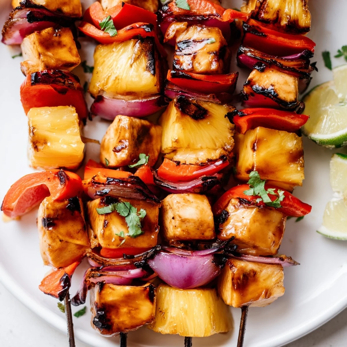 Bright, honey-lime marinated chicken threaded onto Grilled Pineapple Chicken Kabobs, served with lime