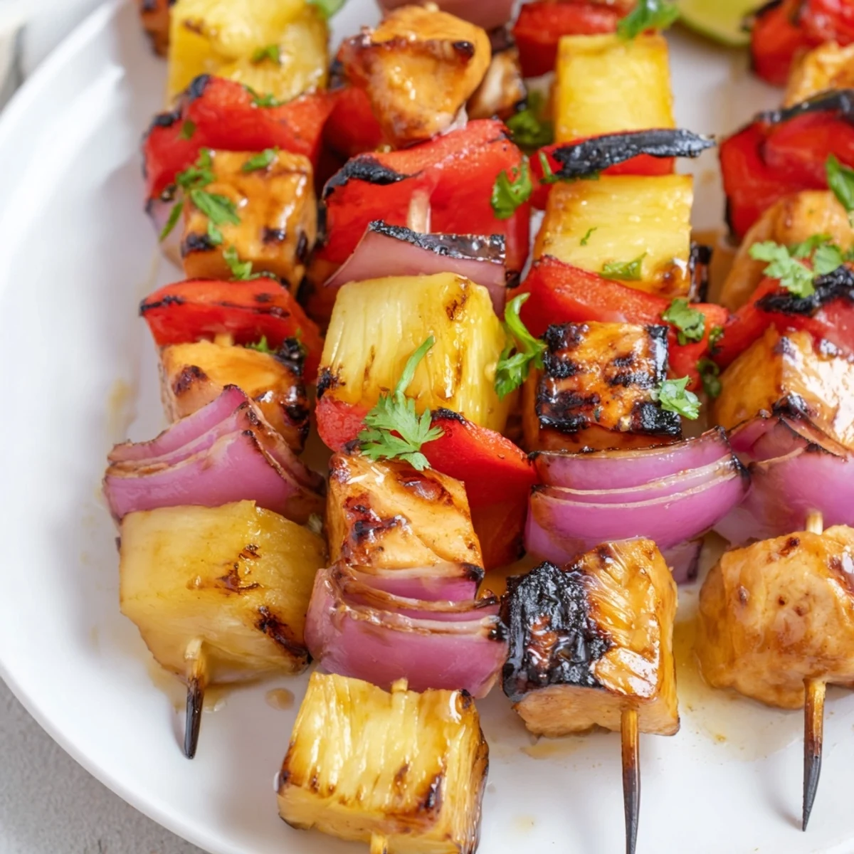 Skewers of Grilled Pineapple Chicken Kabobs with caramelized pineapple, peppers, and onion