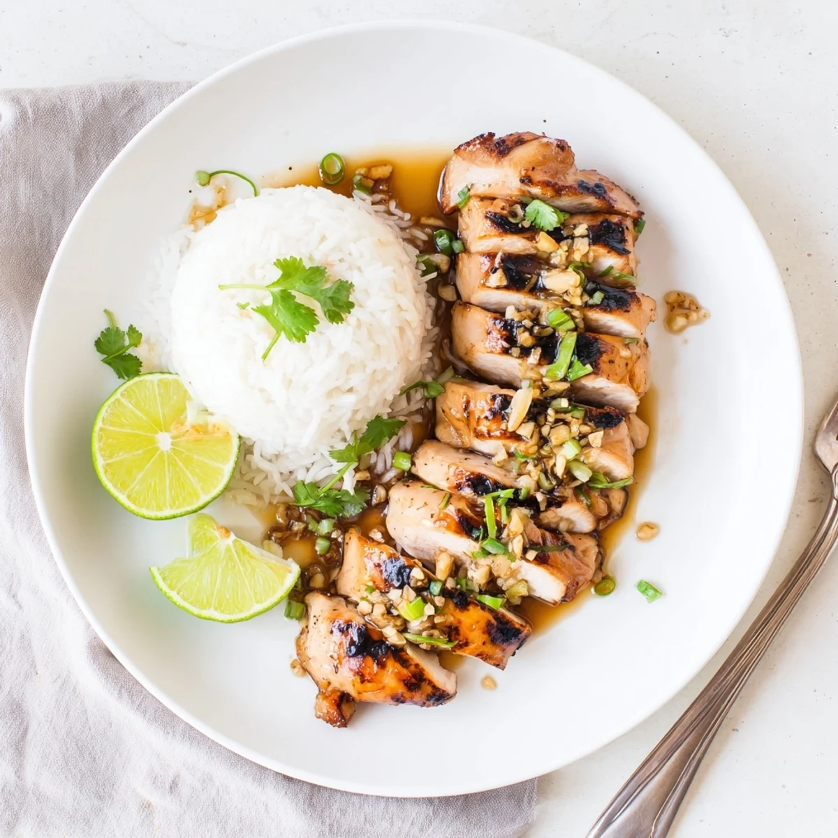 Sliced Grilled Vietnamese Chicken resting on jasmine rice, pickled vegetables, lime wedges