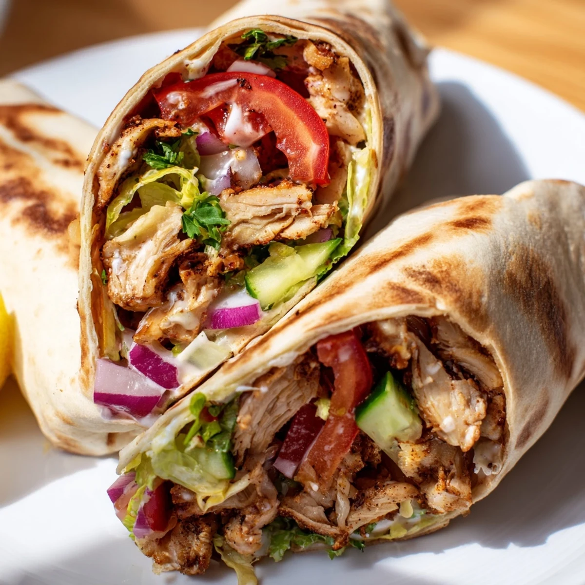 Golden spiced garlic chicken shawarma wrap filled with crisp vegetables and creamy garlic sauce