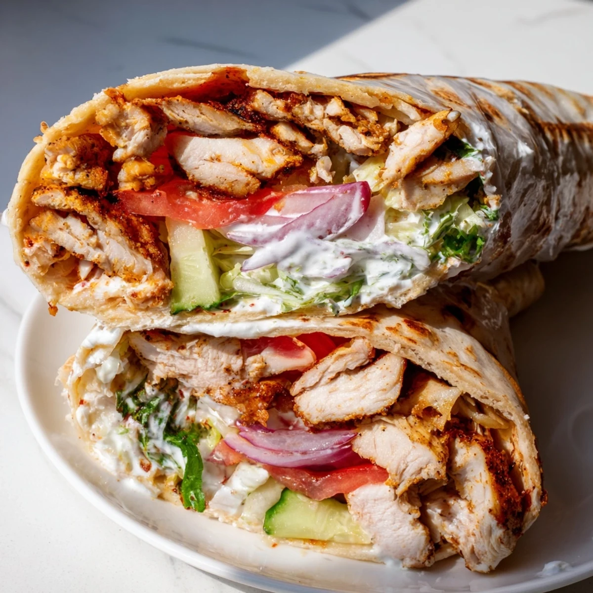 Middle Eastern garlic chicken shawarma wrap wrapped in soft flatbread with fresh lettuce and tomatoes