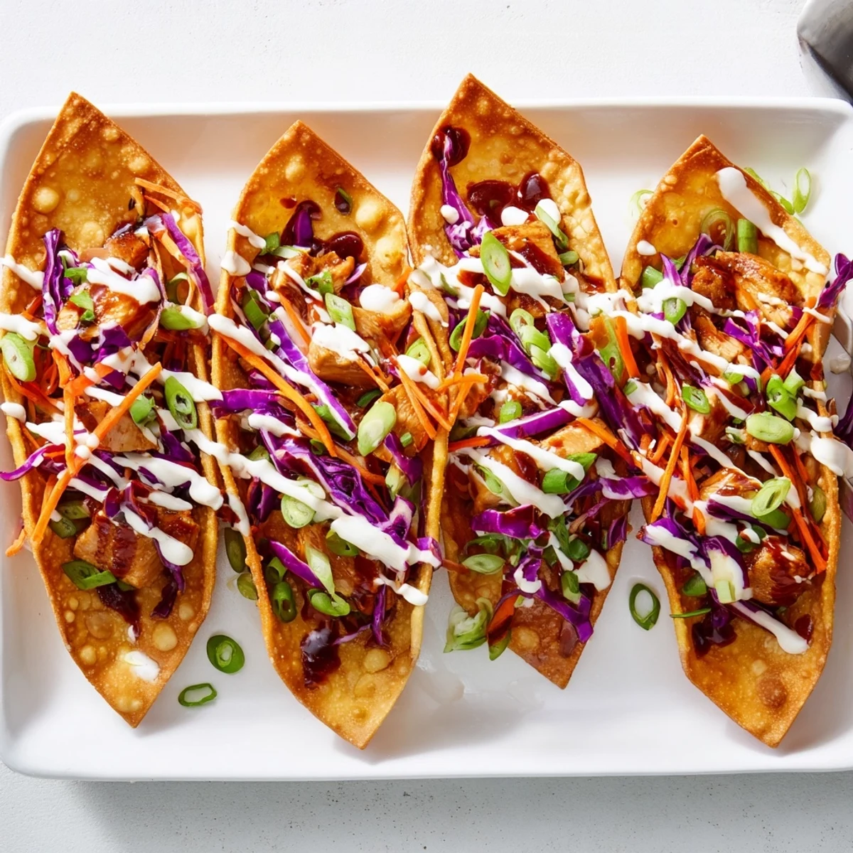Fusion appetizer featuring juicy marinated chicken in crunchy taco shells with zesty mayo sauce