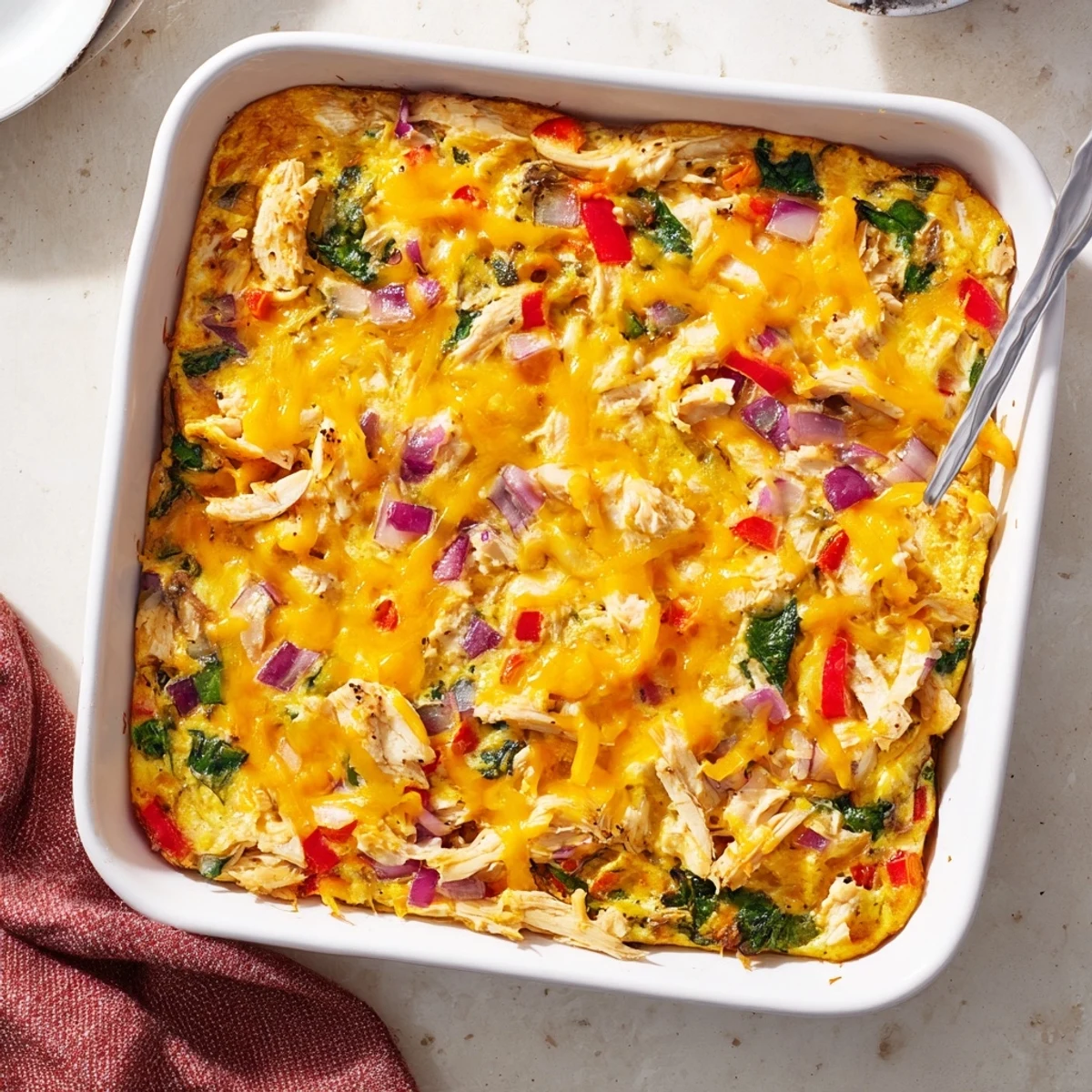Sliced high protein egg casserole featuring spinach, peppers, and chicken on a white plate