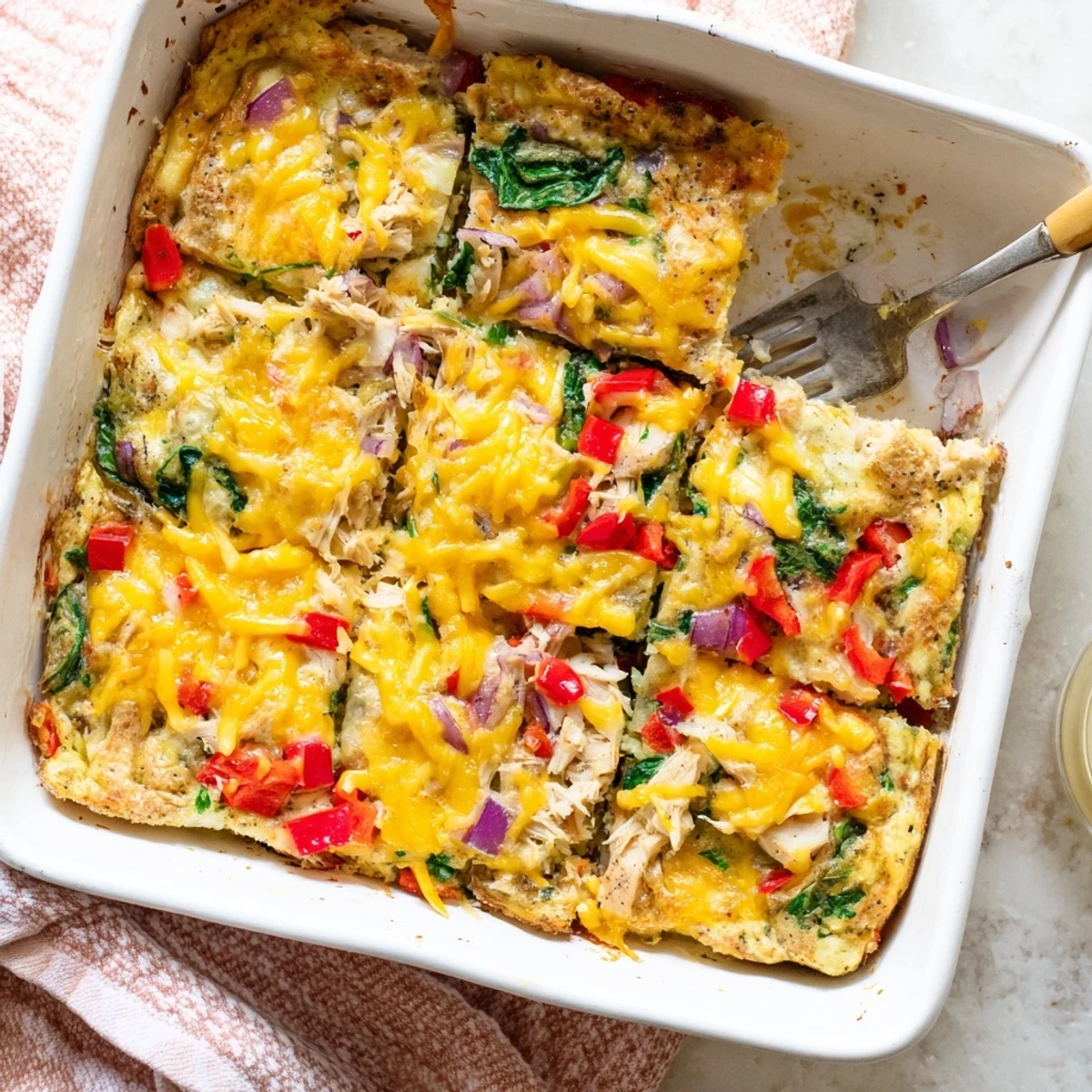Golden high protein egg casserole with melted cheddar and colorful vegetables ready for breakfast