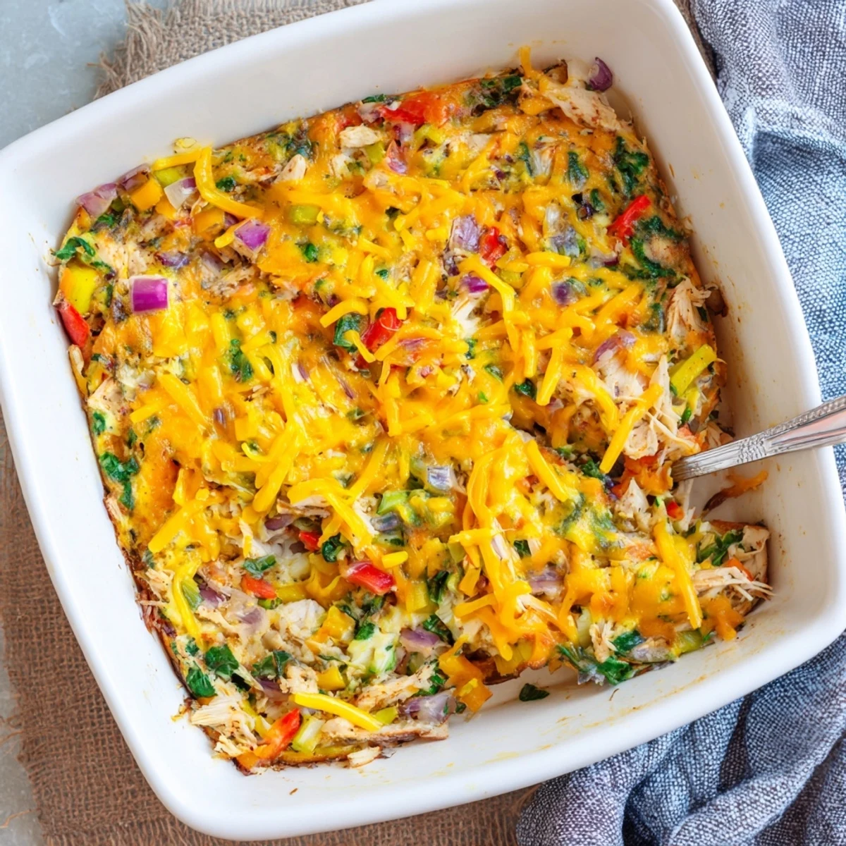 Fluffy baked high protein egg casserole with cottage cheese and savory sausage pieces