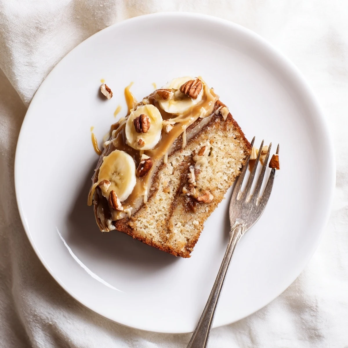 Golden brown salted caramel brown butter banana cake topped with glossy caramel drizzle
