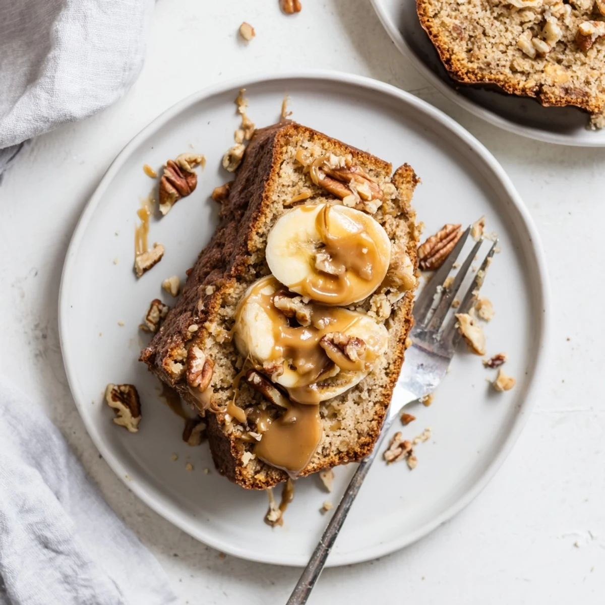 Slice of decadent salted caramel brown butter banana cake with flaky sea salt garnish