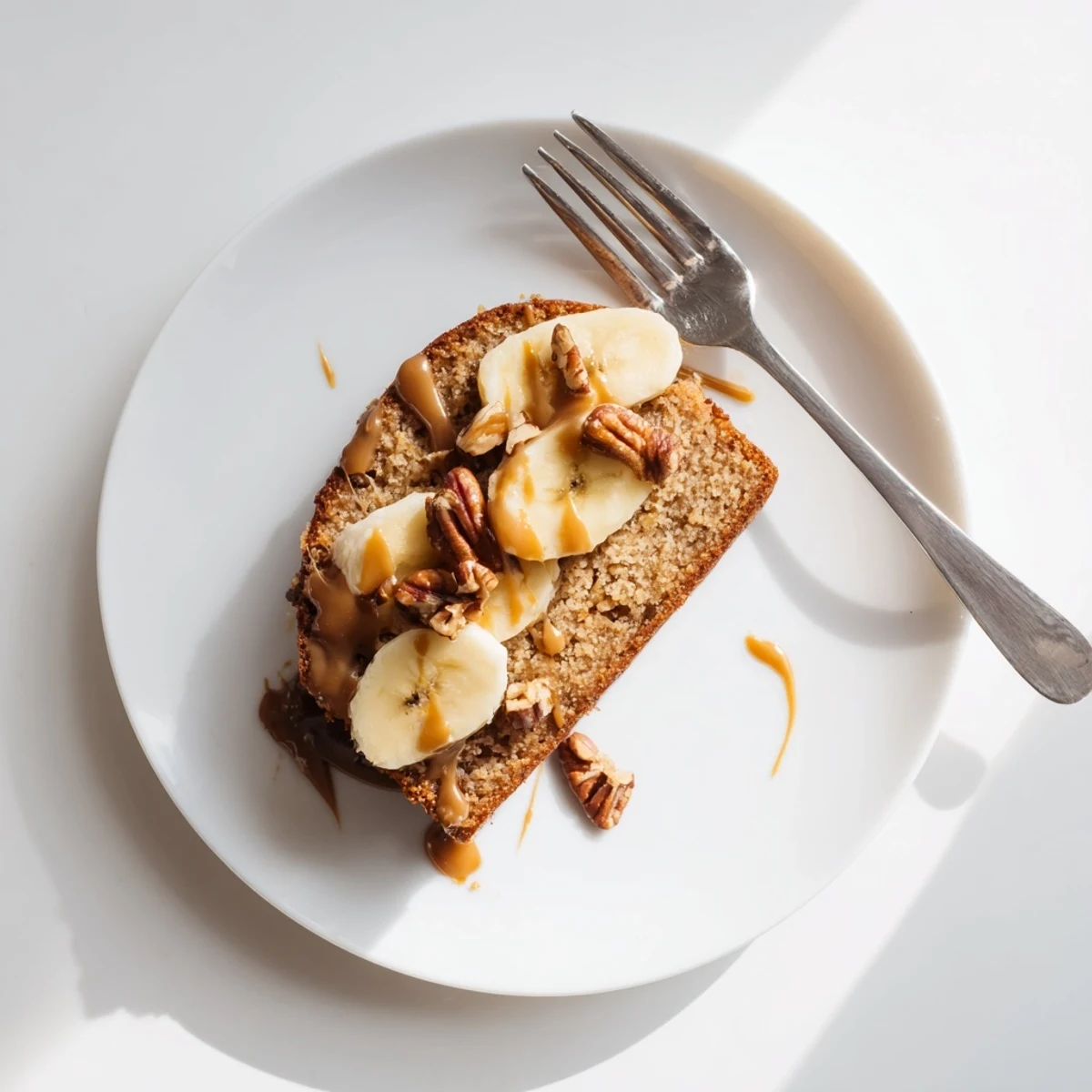 Moist banana cake swirled with rich salted caramel sauce on a white plate