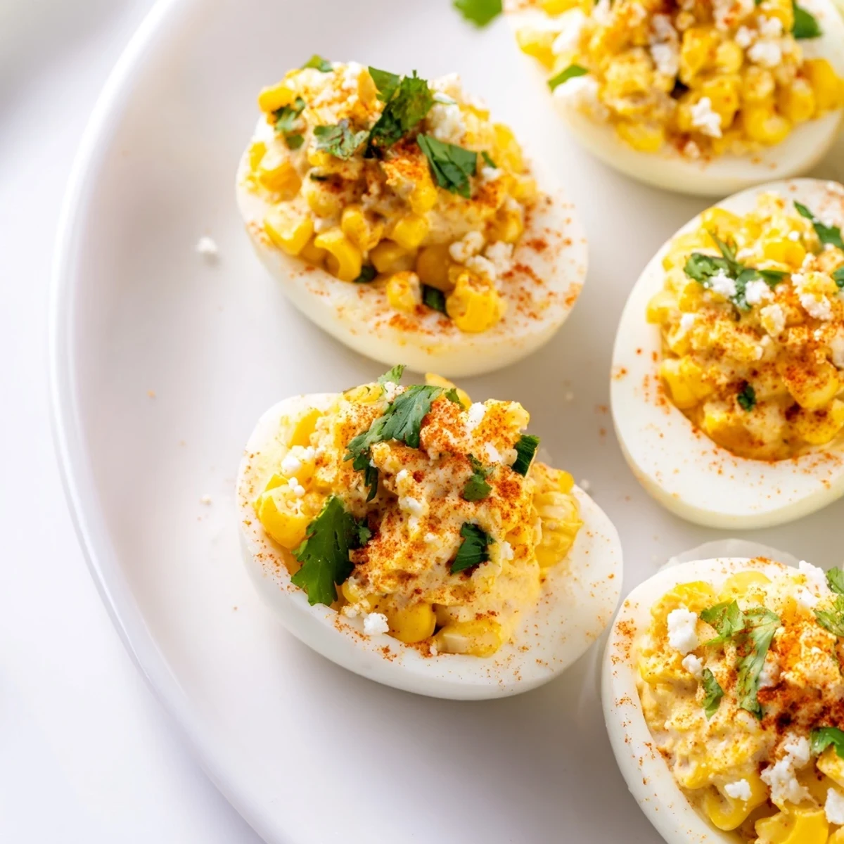 Golden Mexican Street Corn Deviled Eggs topped with charred corn, crumbly Cotija cheese, and fresh cilantro