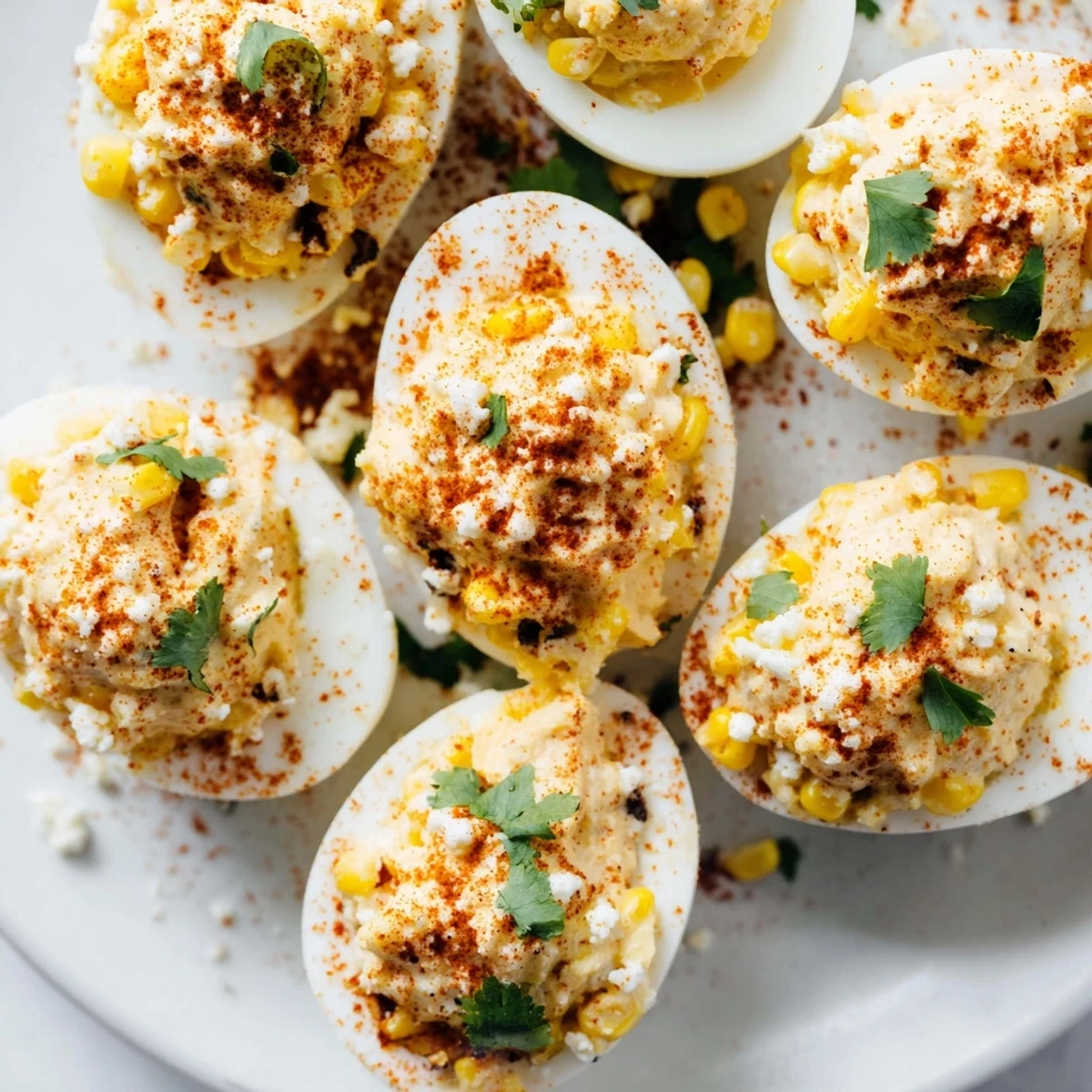 Creamy Mexican Street Corn Deviled Eggs garnished with red chili powder and bright green cilantro leaves