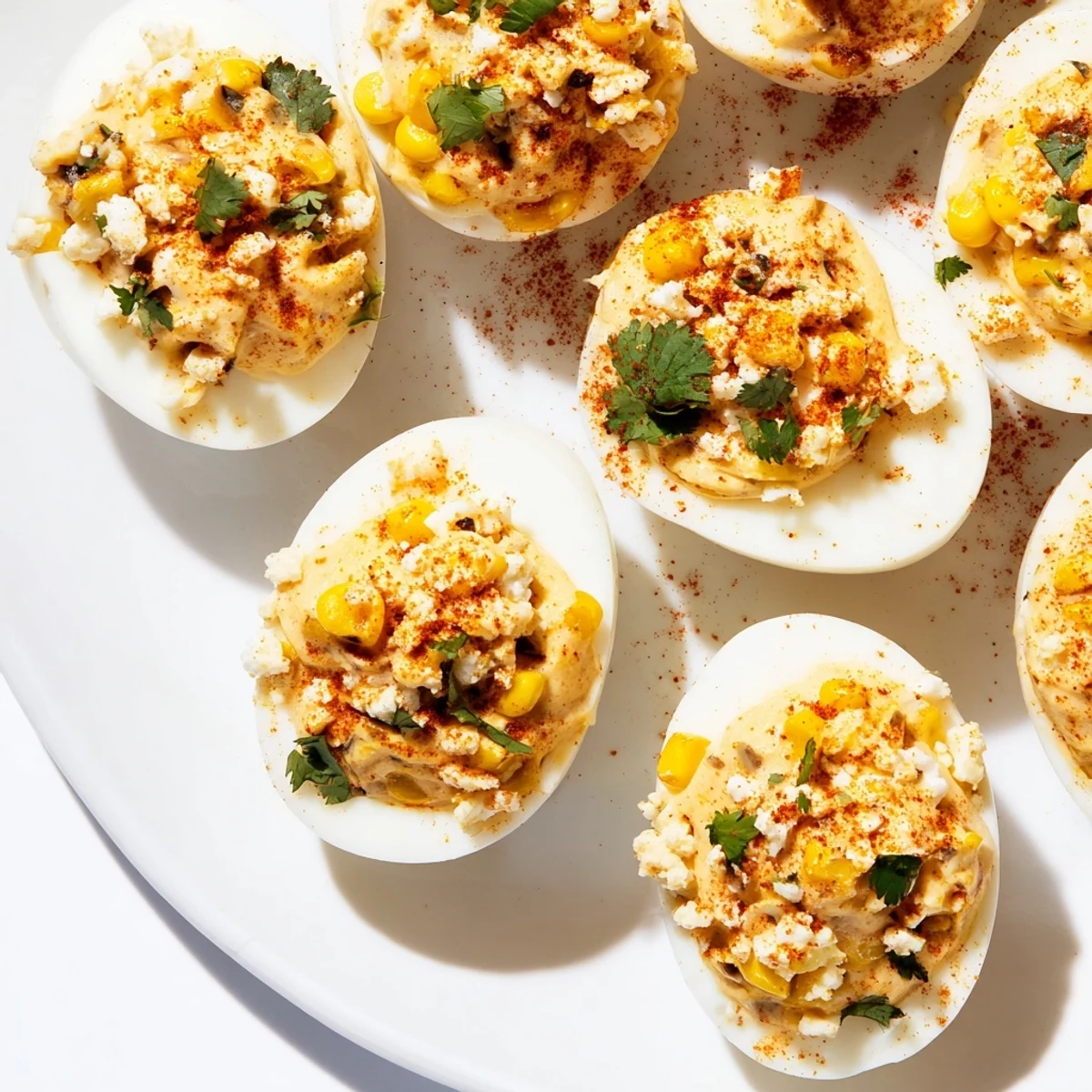 Platter of Mexican Street Corn Deviled Eggs sprinkled with Tajín seasoning and served with lime wedges