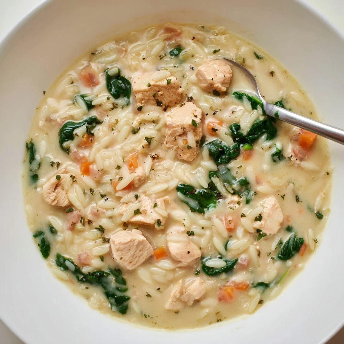 Creamy Chicken Florentine Soup With Orzo steaming in bowl, tender spinach visible