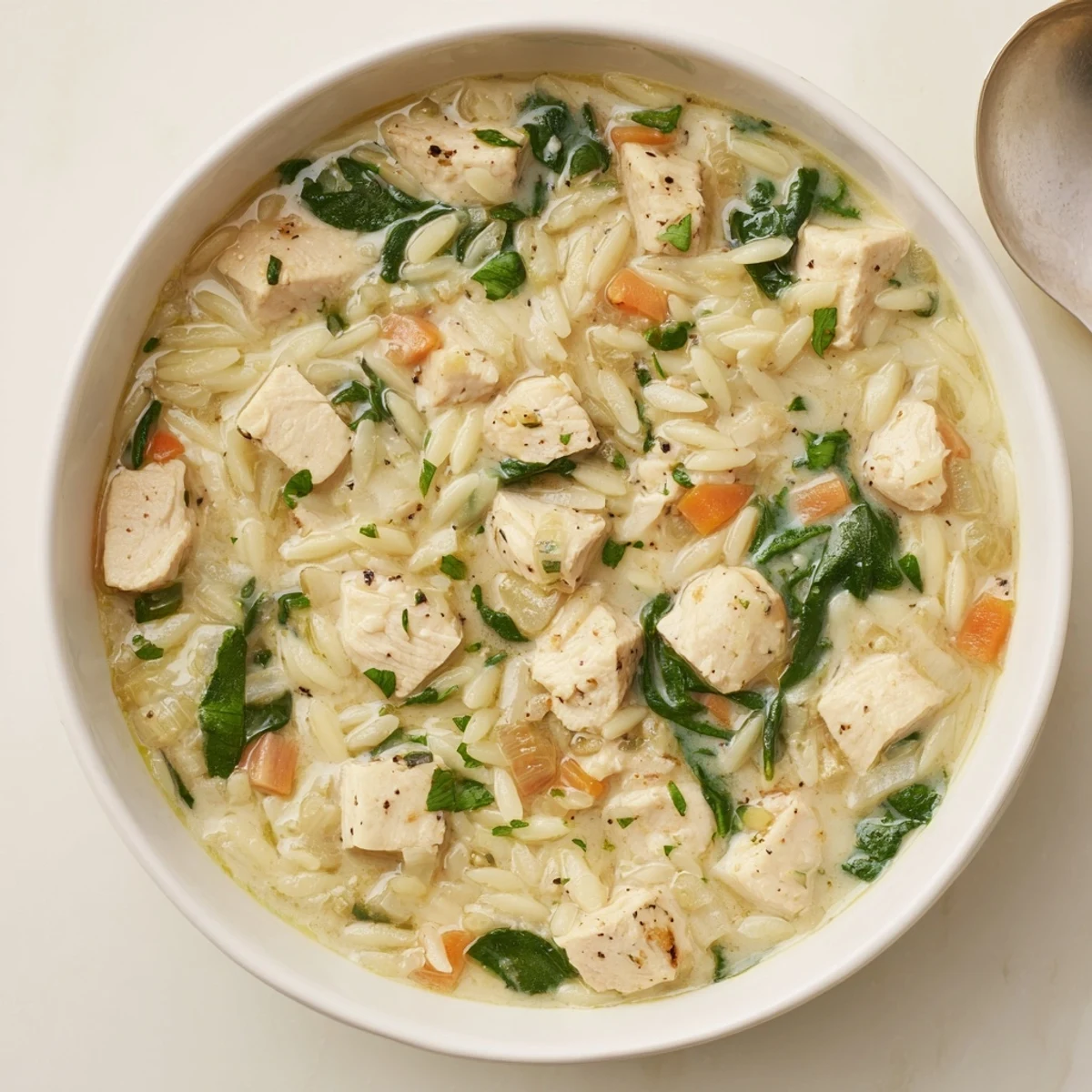 Hearty bowl of Creamy Chicken Florentine Soup With Orzo, silky broth and chicken