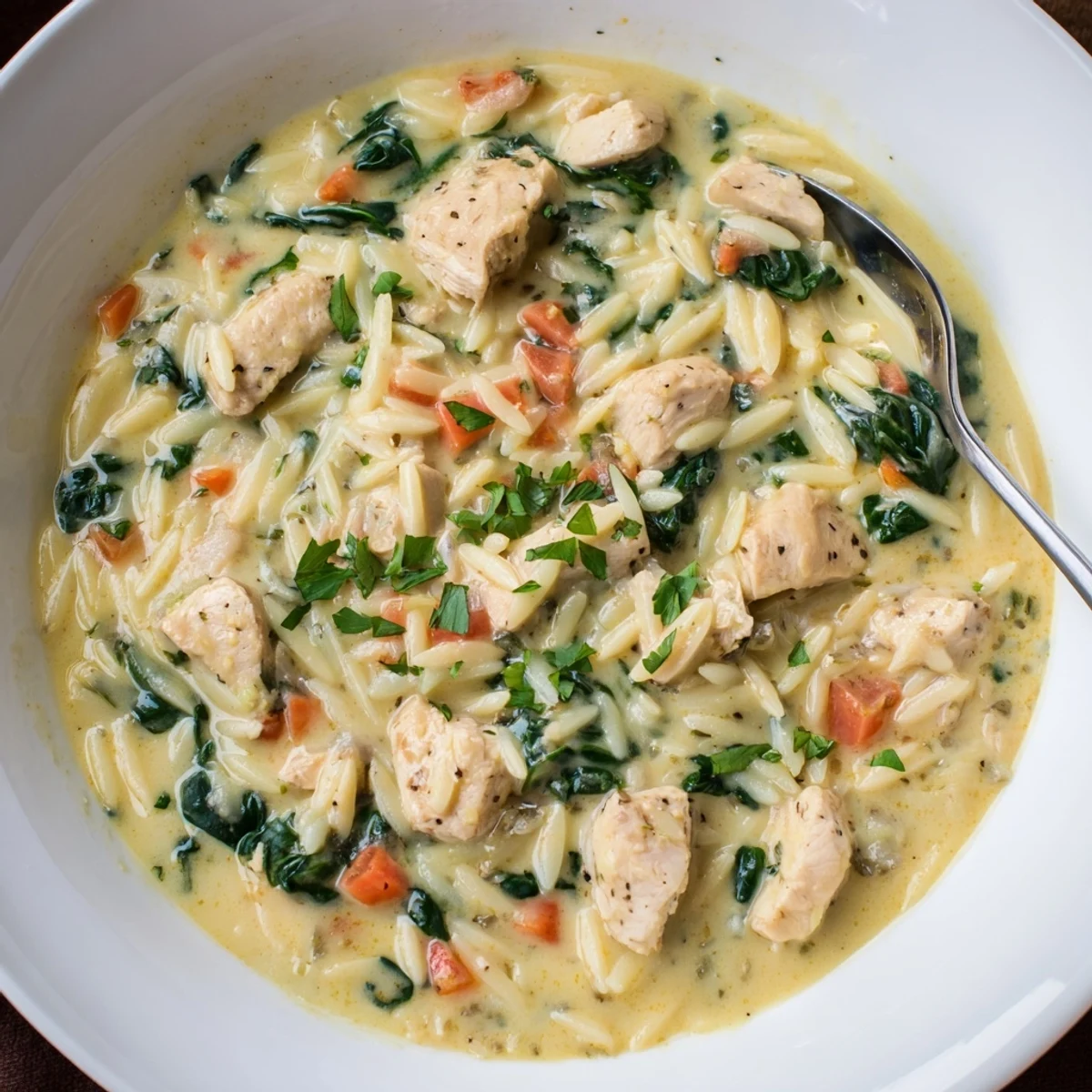 Creamy Chicken Florentine Soup With Orzo garnished with parsley, served with crusty bread