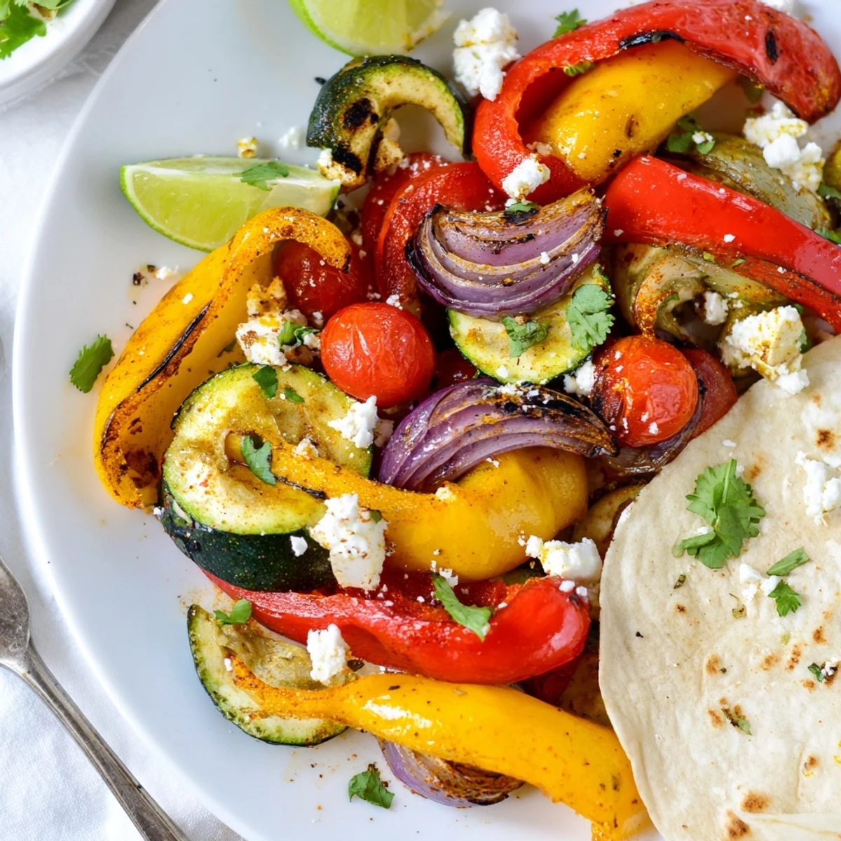 Oven-roasted Tajin Feta Sheet Pan Fajitas piled in warm tortillas
