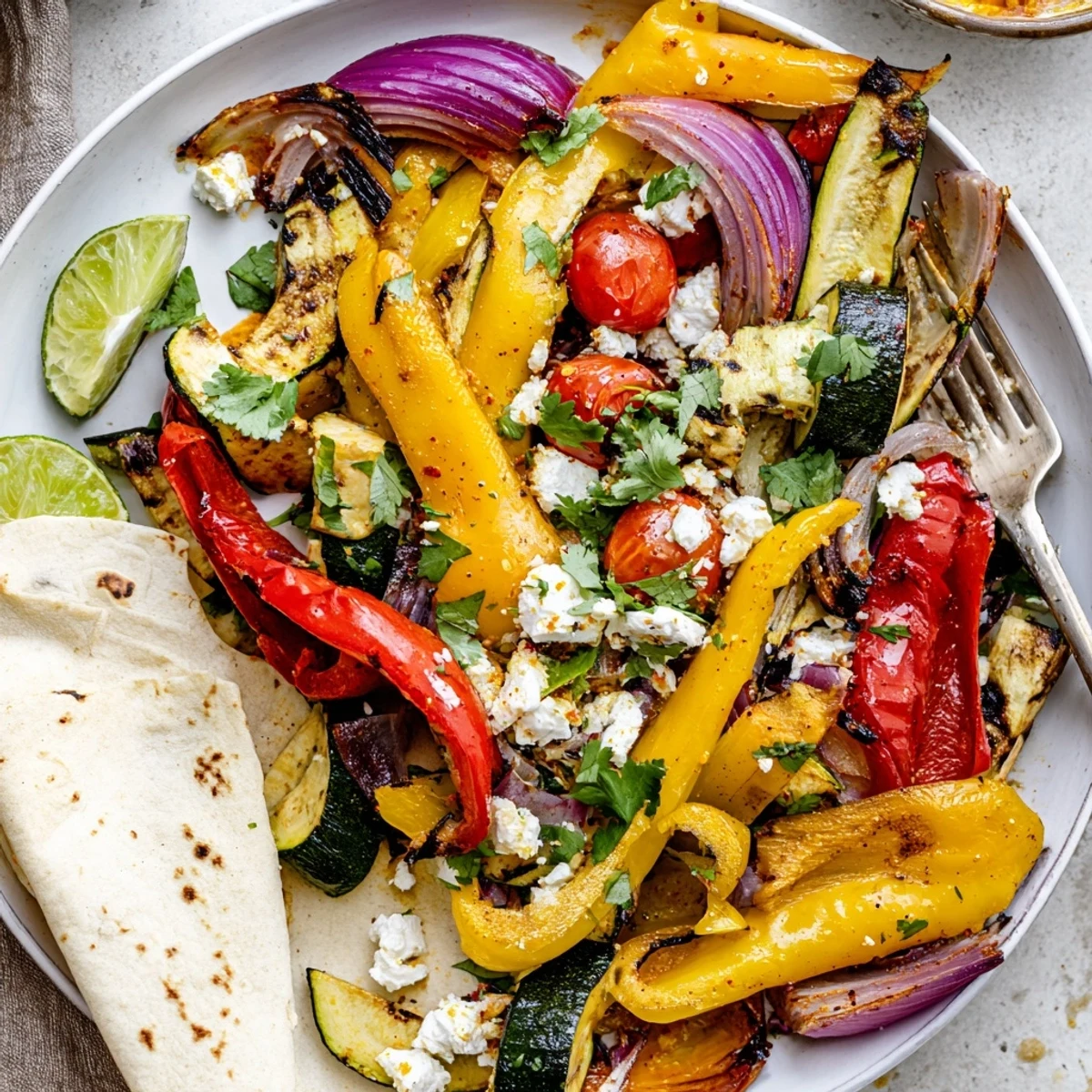 Tajin Feta Sheet Pan Fajitas with charred peppers, crumbled feta, lime