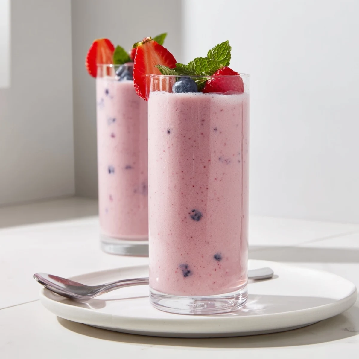 Summer Berry Smoothie in tall glass, creamy pink, frothy, garnished with berries