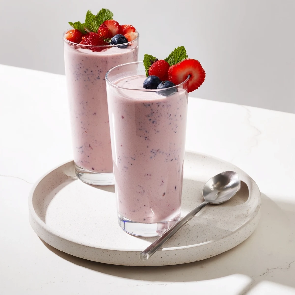 Refreshing Summer Berry Smoothie poured into two glasses, chilled with ice