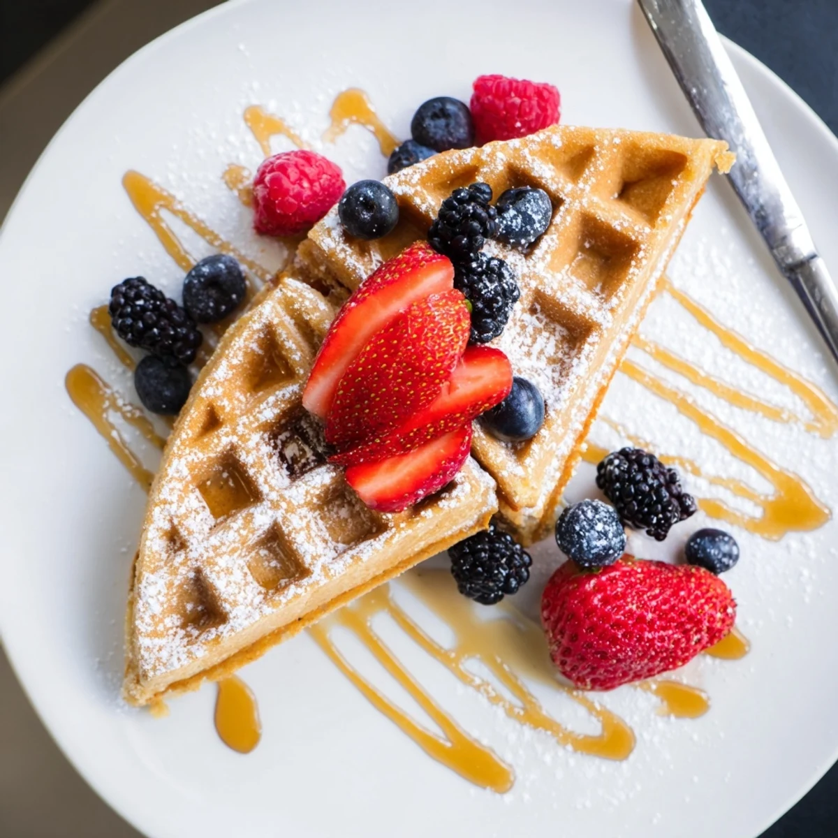Golden Almond Flour Waffles With Berries, steaming on plate with maple drizzle