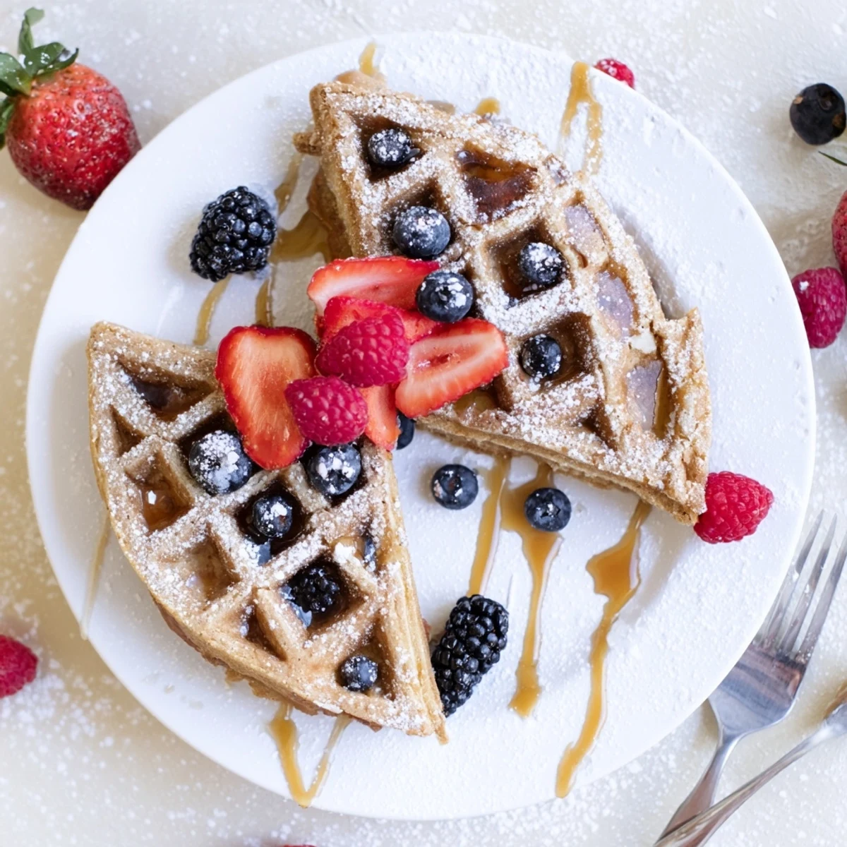 Crispy Almond Flour Waffles With Berries piled high, mixed berries and syrup