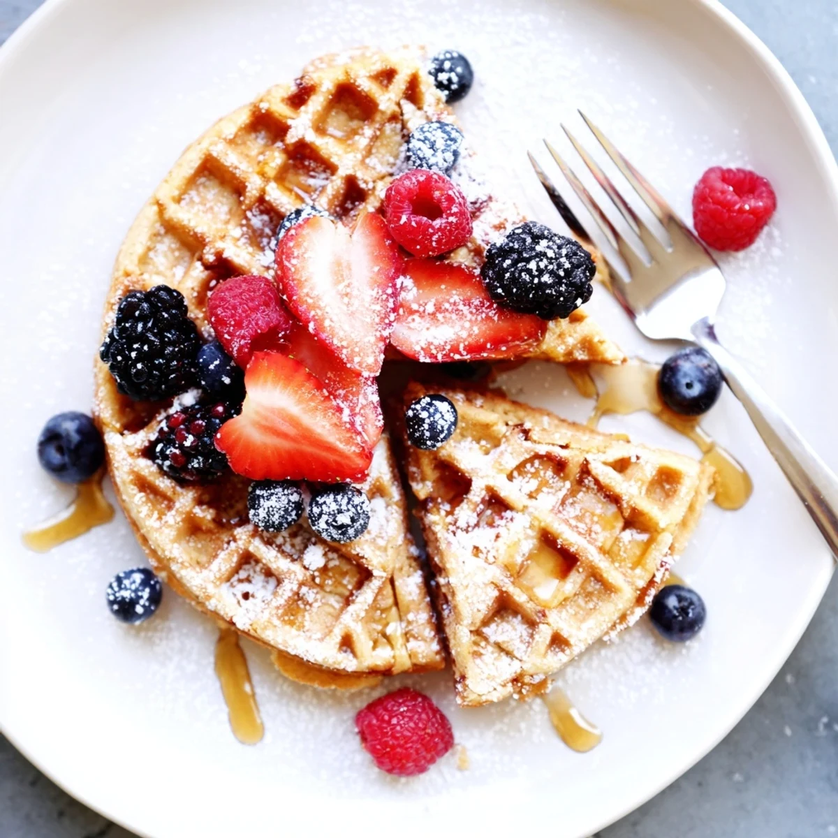 Fluffy Almond Flour Waffles With Berries served hot beside yogurt, tart berry notes