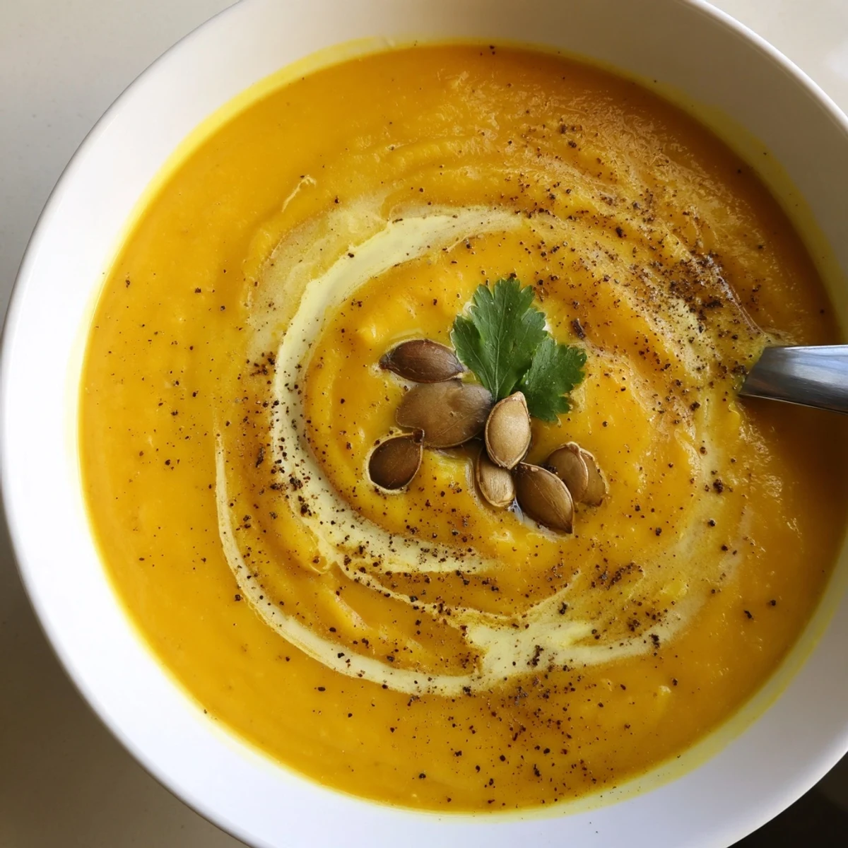 Pumpkin Soup with roasted pumpkin and coconut milk, creamy and aromatic