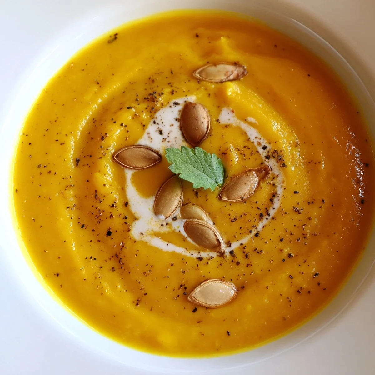 Warm Pumpkin Soup garnished with roasted seeds, served with crusty bread